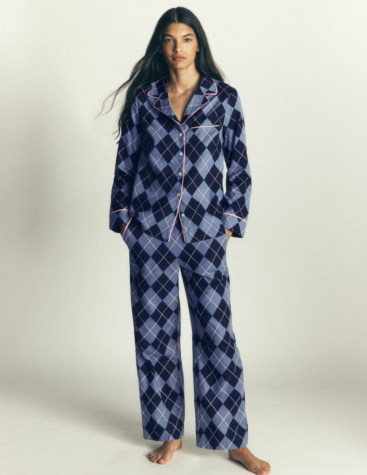 Brushed Cotton Pyjama Shirt-Blue Argyle - Image 4