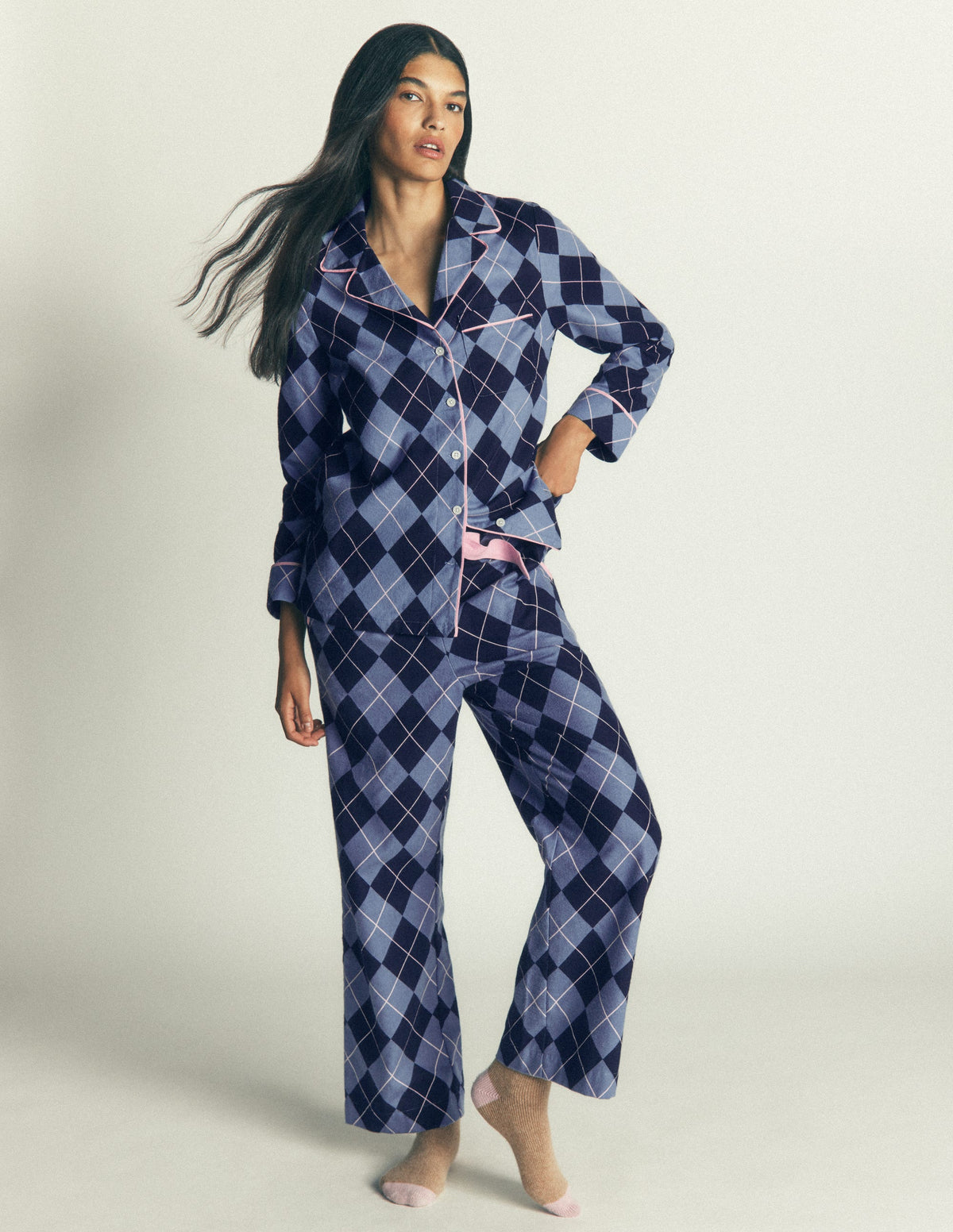 Brushed Cotton Pyjama Shirt-Blue Argyle - Image 5
