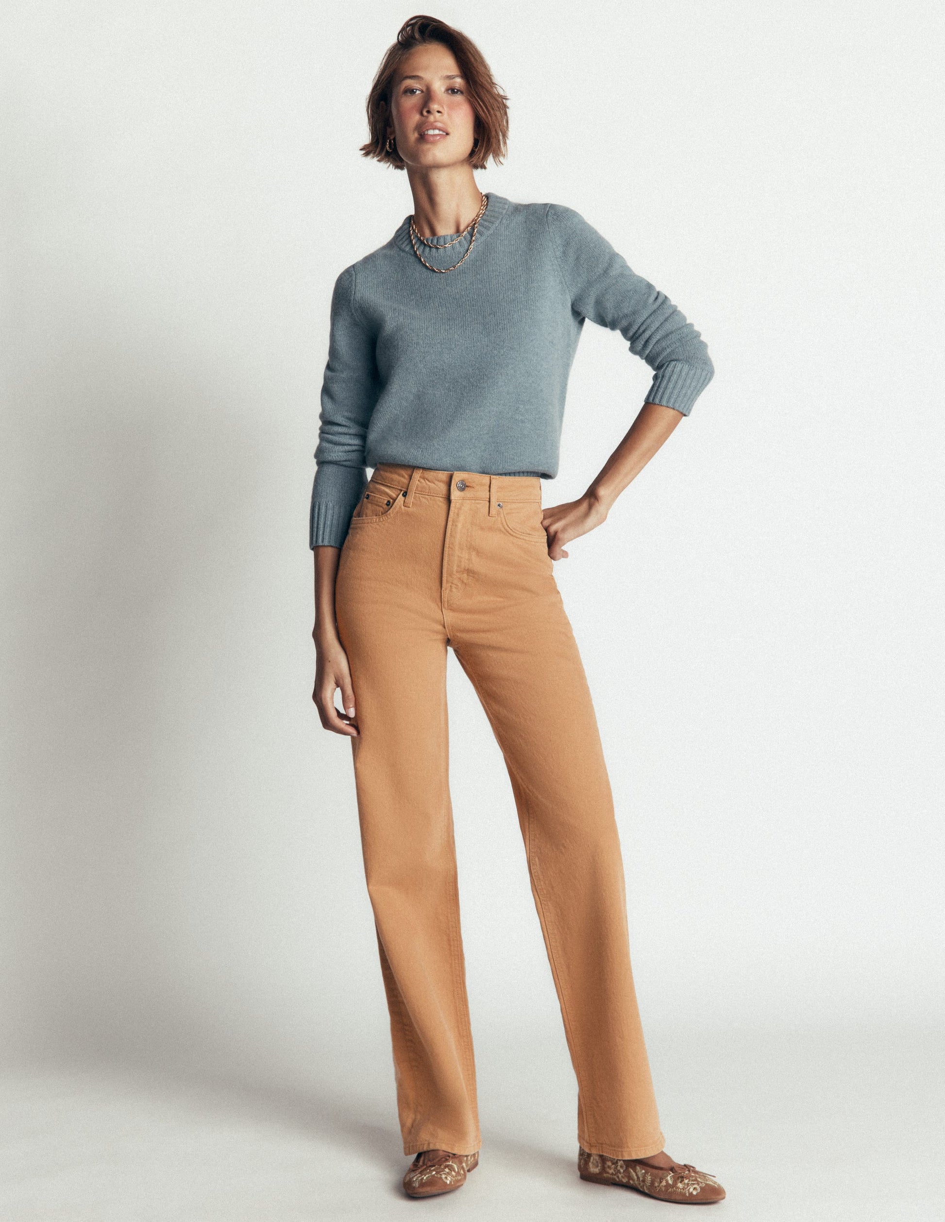 High Rise Column Leg Jeans-Camel-1