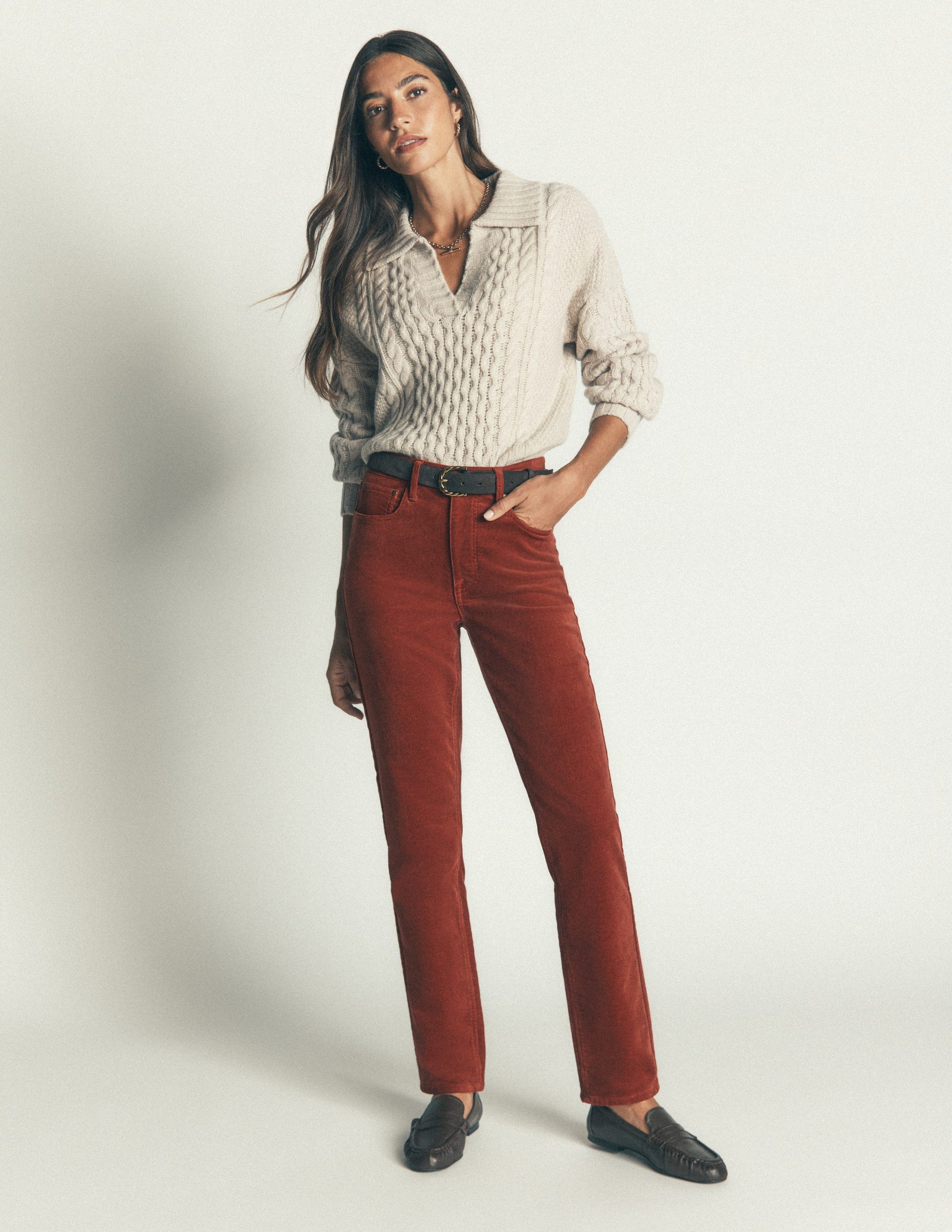 High Rise Cord Slim Jeans-Burnt Henna-1