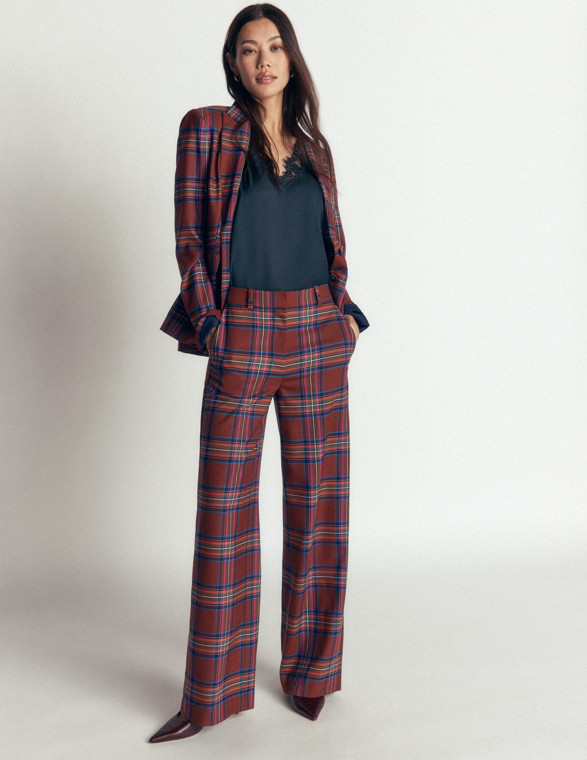 Belgravia Wool Blend Trousers-Brown, Blue, and Pink Check - Image 1