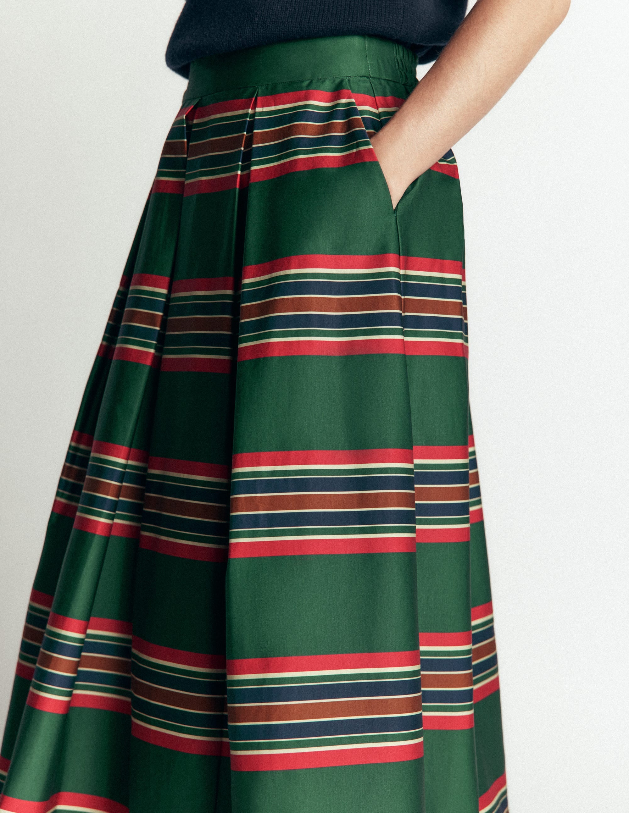 Verity  Cotton Sateen Skirt-Green, Collegic Stripe - Image 2