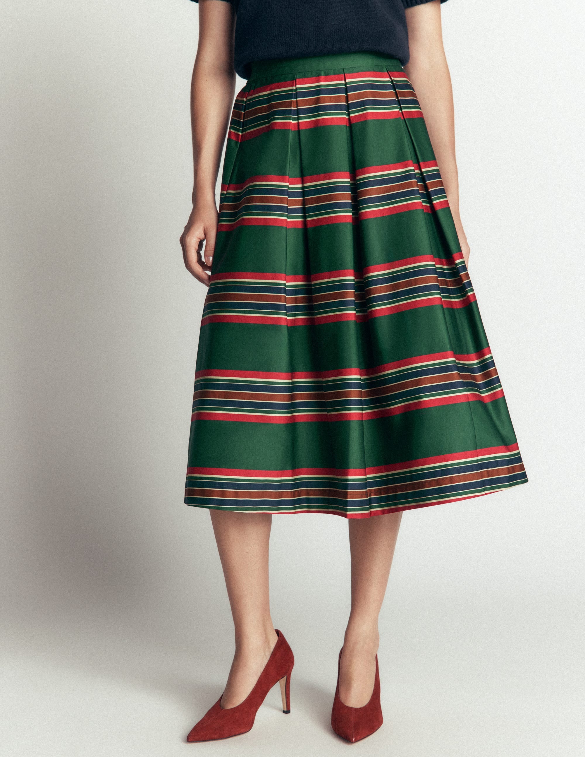 Verity  Cotton Sateen Skirt-Green, Collegic Stripe - Image 4