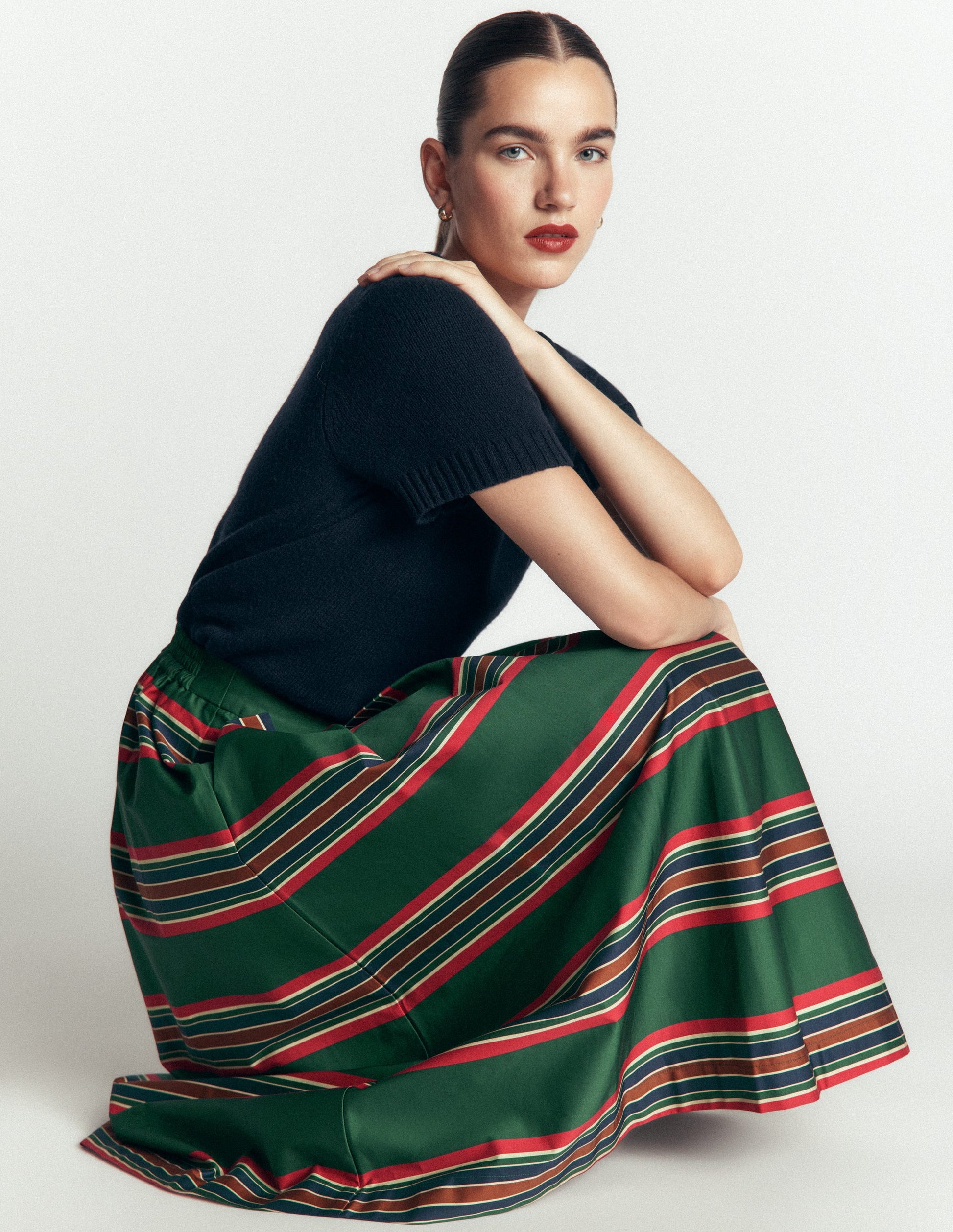 Verity  Cotton Sateen Skirt-Green, Collegic Stripe-5
