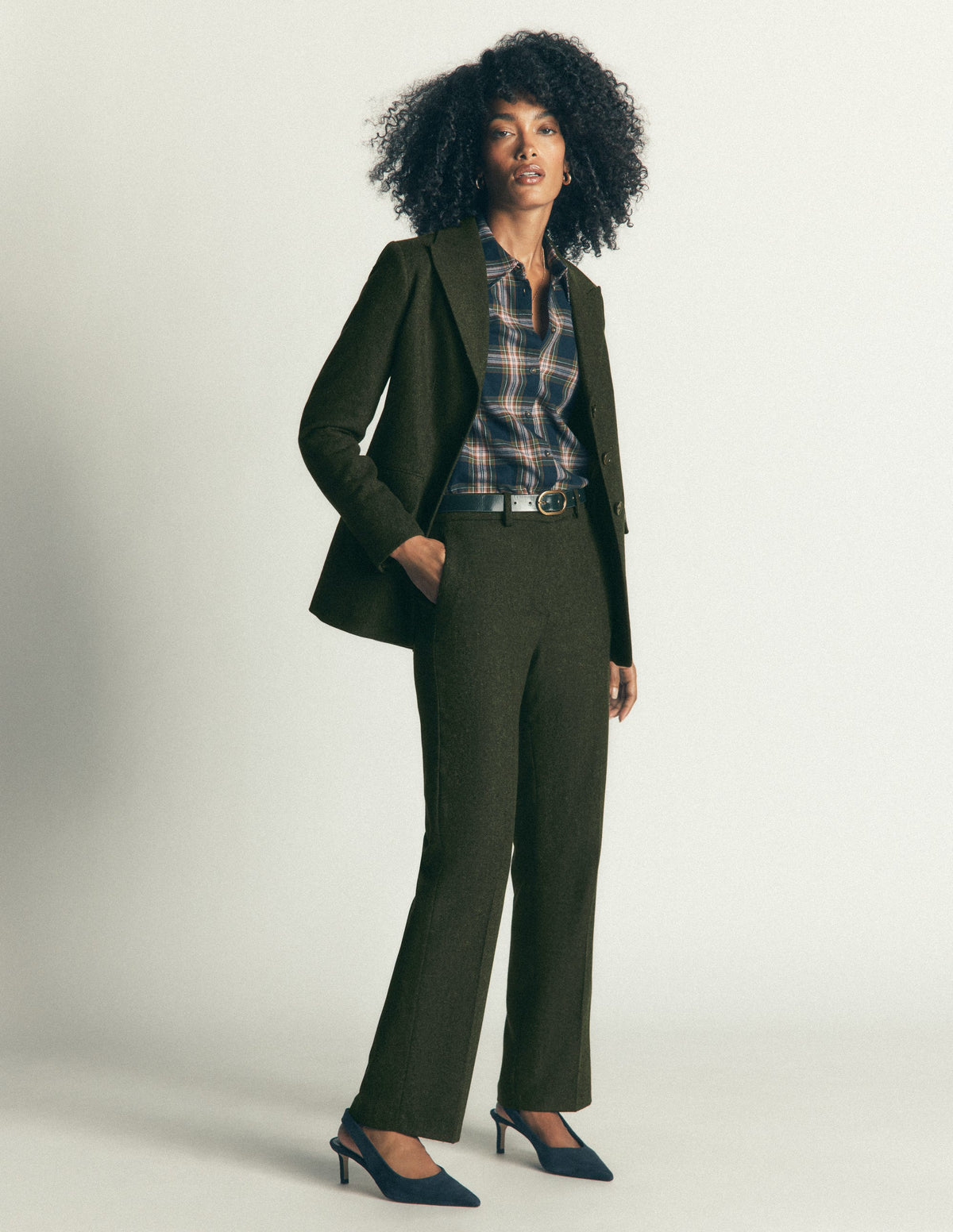 Canonbury Wool Blend Trousers-Dark Green Herringbone-1