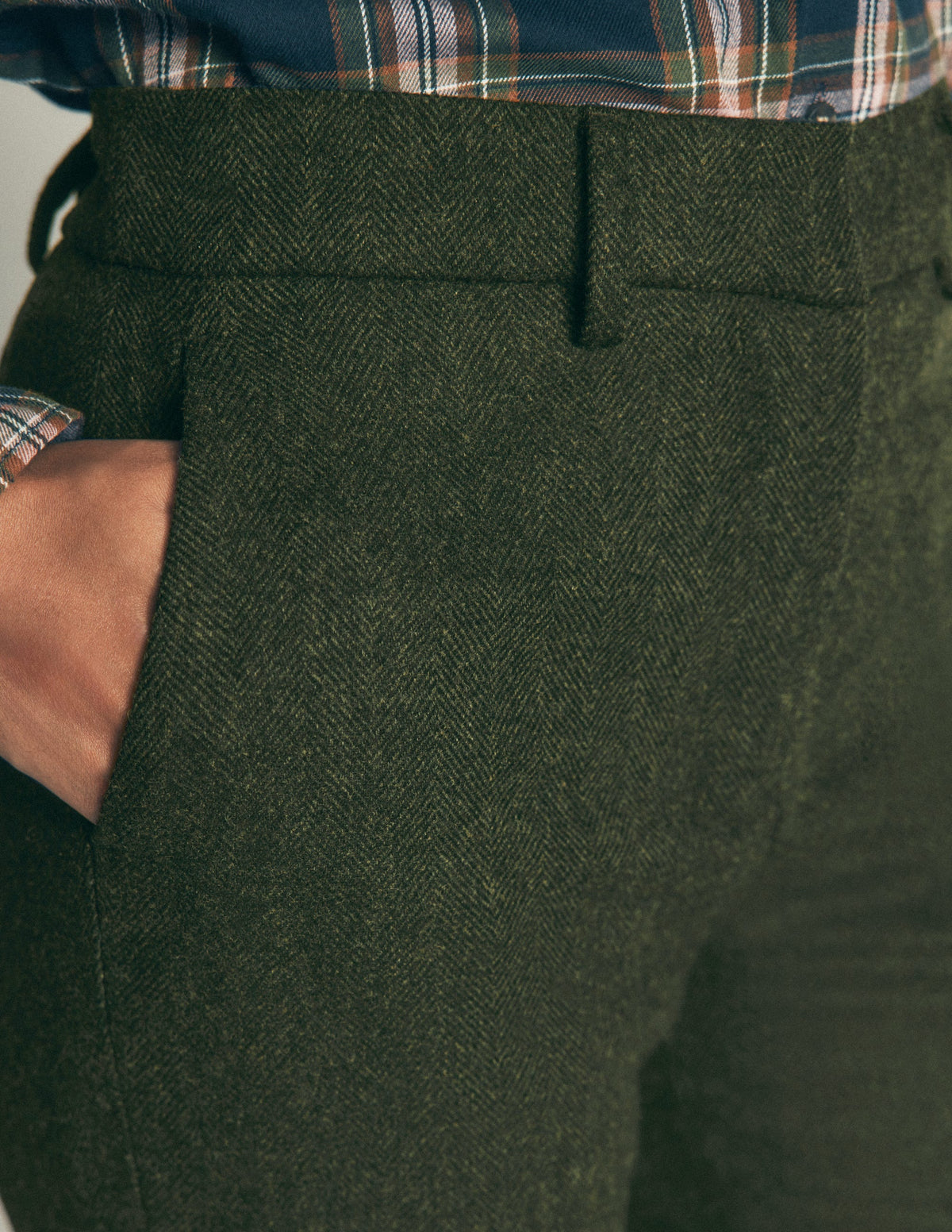 Canonbury Wool Blend Trousers-Dark Green Herringbone-2