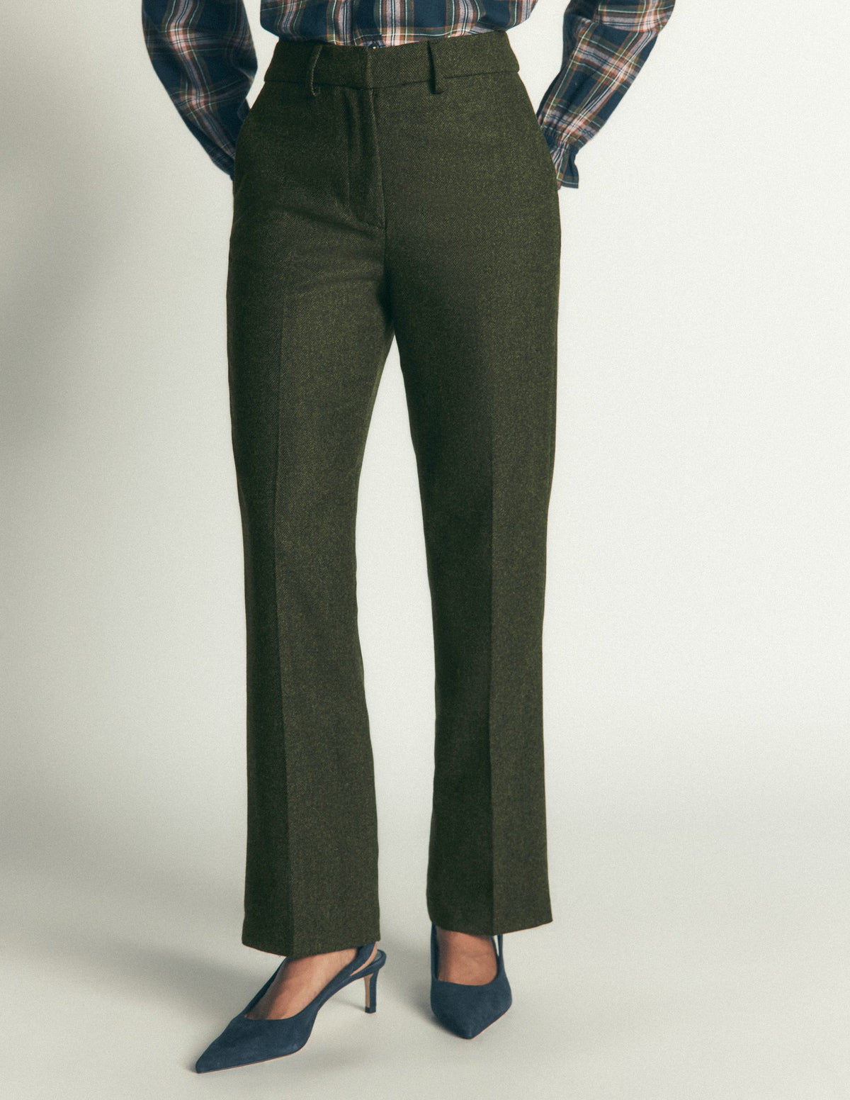 Canonbury Wool Blend Trousers-Dark Green Herringbone-4