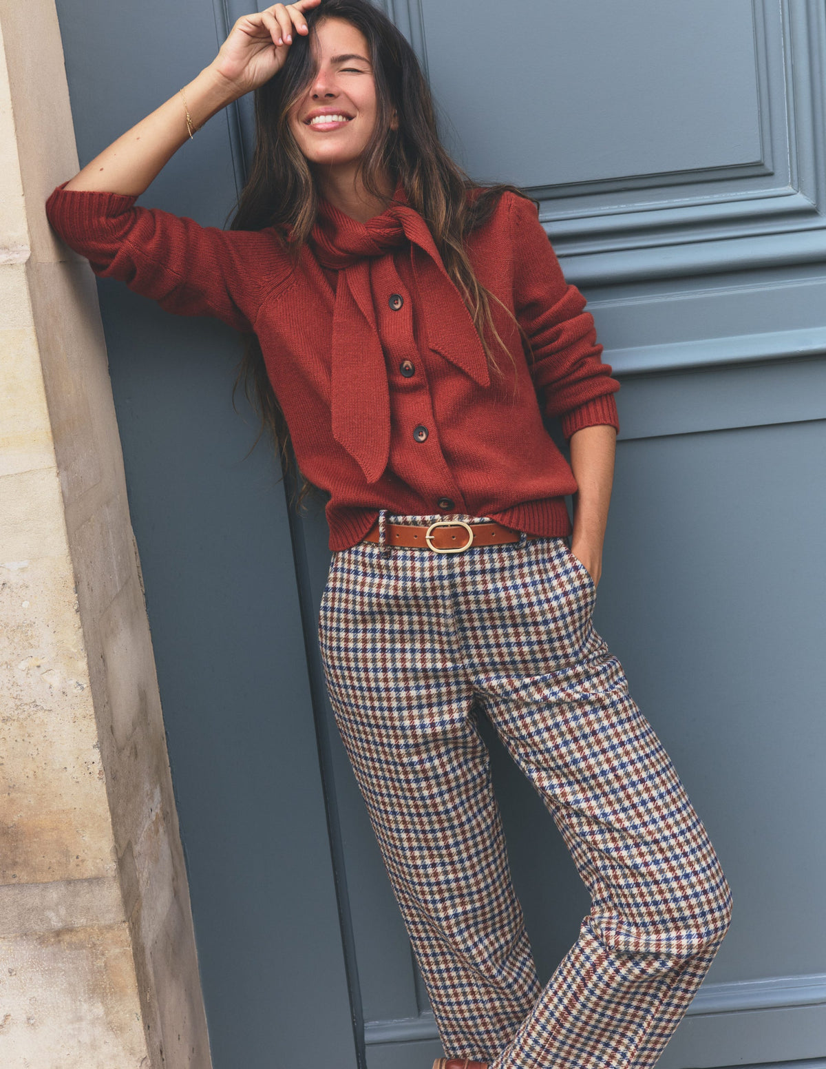 Canonbury Wool Blend Trousers-Ivory, Blue and Maroon Check - Image 1