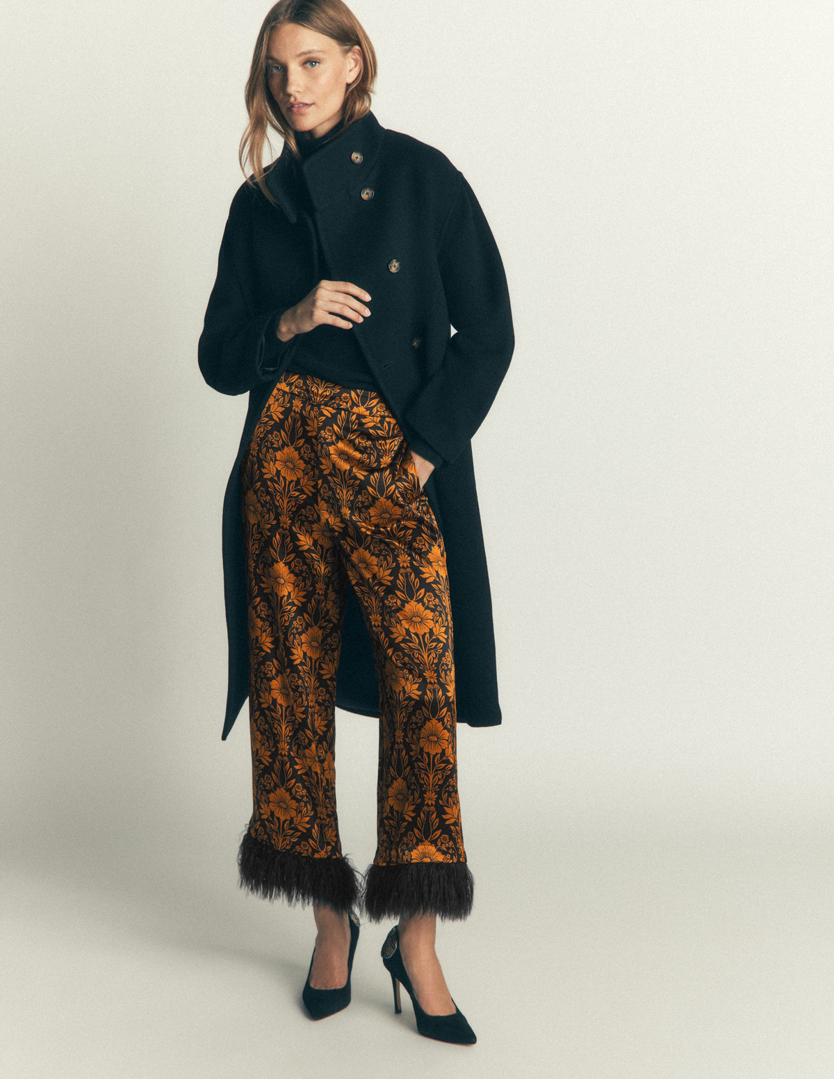 Feather Trim Trousers-Flourishing Sprig - Image 2