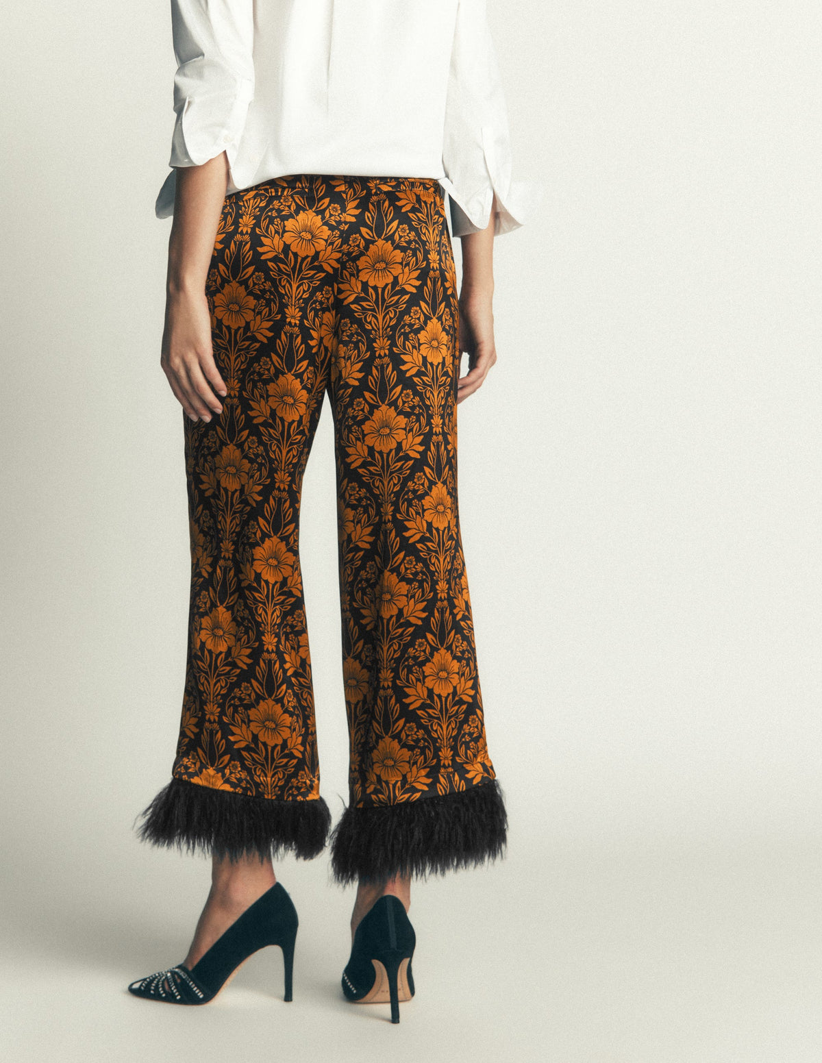 Feather Trim Trousers-Flourishing Sprig - Image 4
