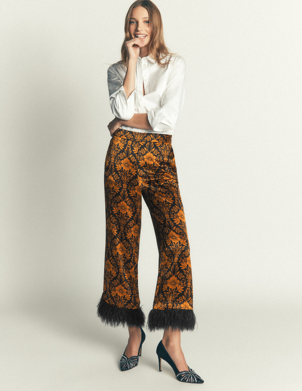 Feather Trim Trousers-Flourishing Sprig-6