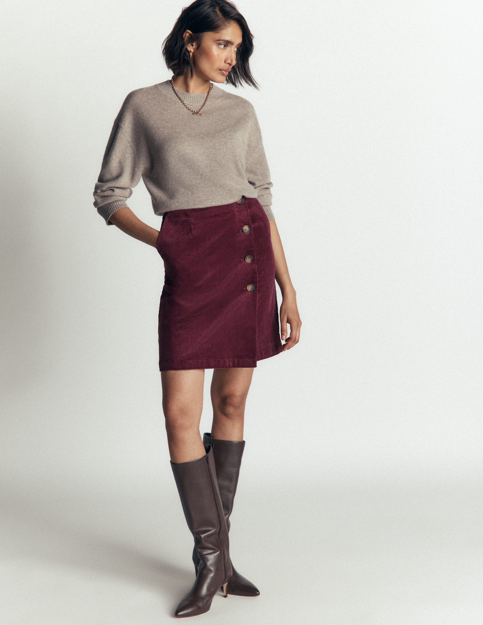 Evelyn Button Cord Wrap Skirt-Dark Crimson-4