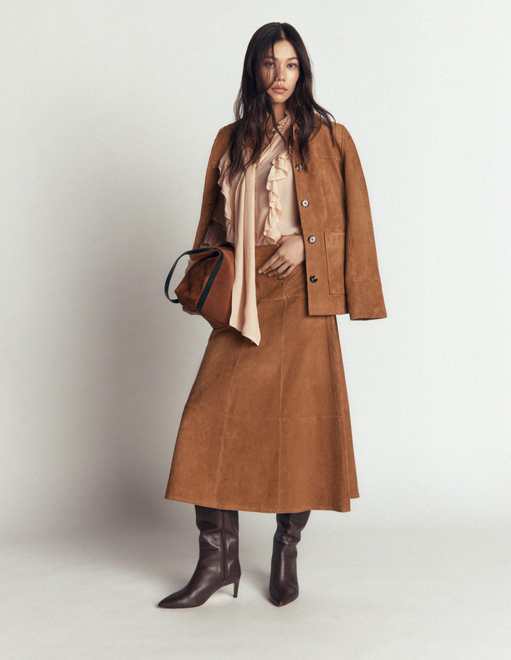 Suede Panelled Midi Skirt-Tan