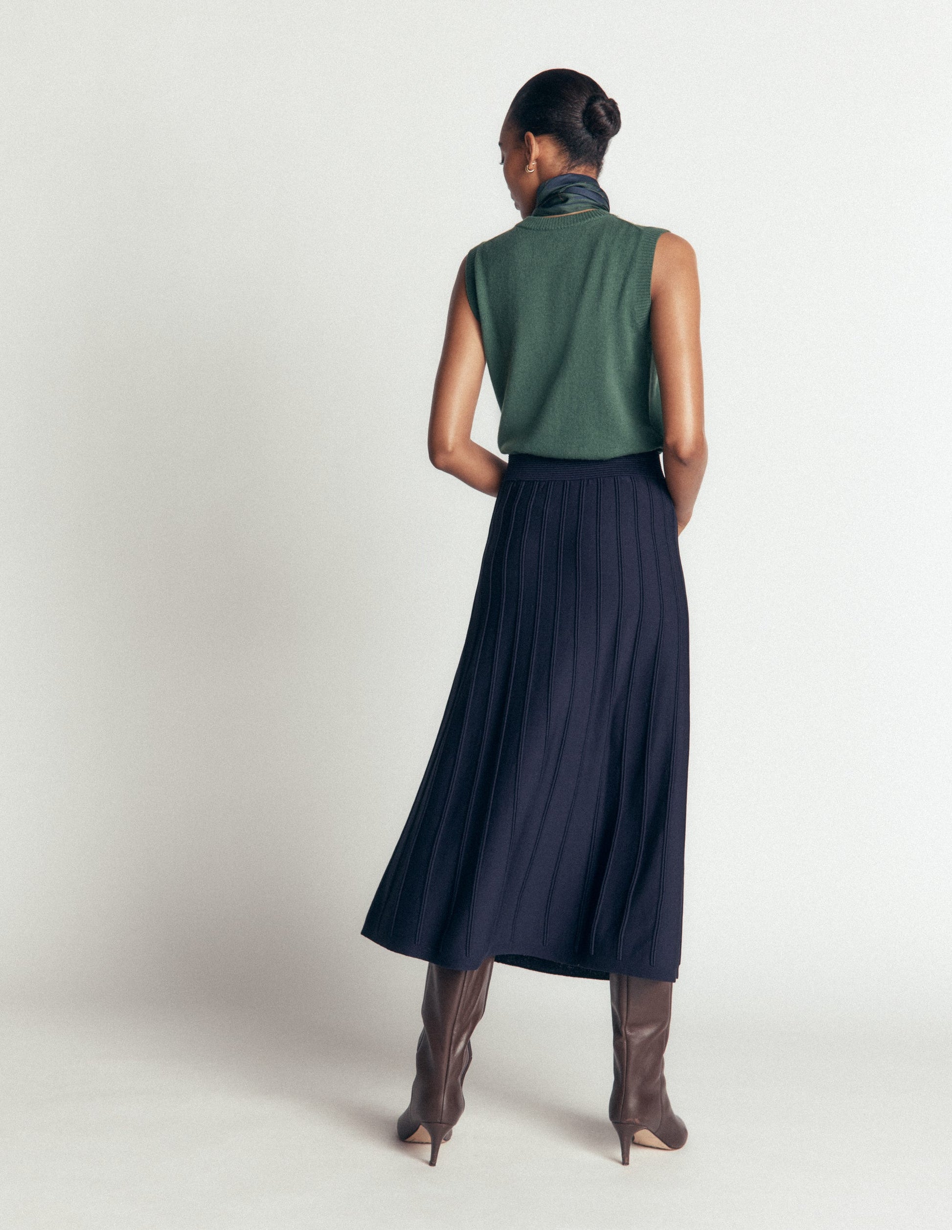 Ottoman Knitted Midi Skirt-Navy-3
