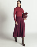 Pleat Side Split Midi Skirt-Dark Cherry