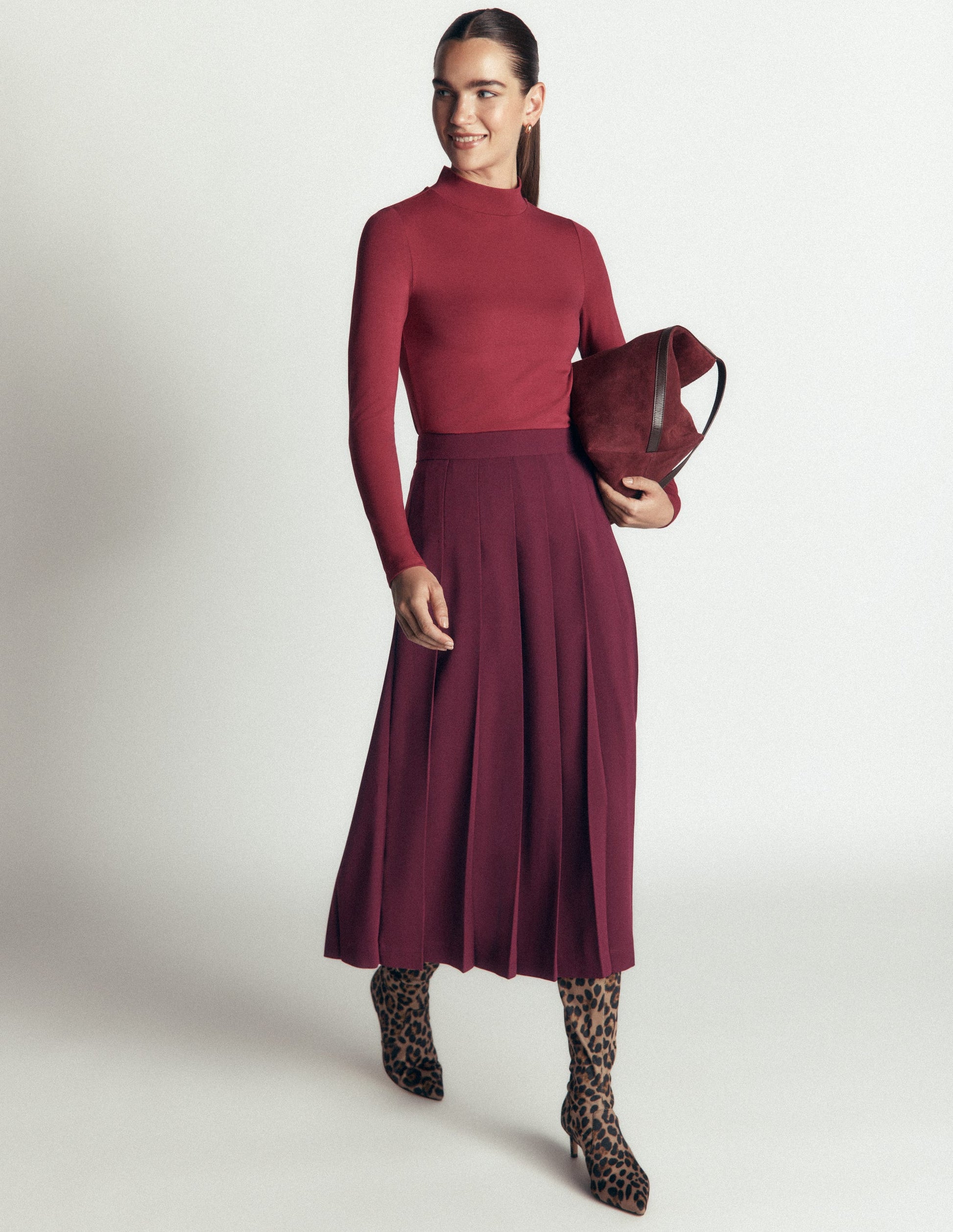 Pleat Side Split Midi Skirt-Dark Cherry-1