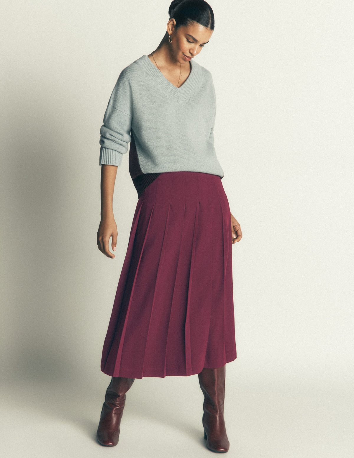 Pleat Side Split Midi Skirt-Dark Cherry - Image 1