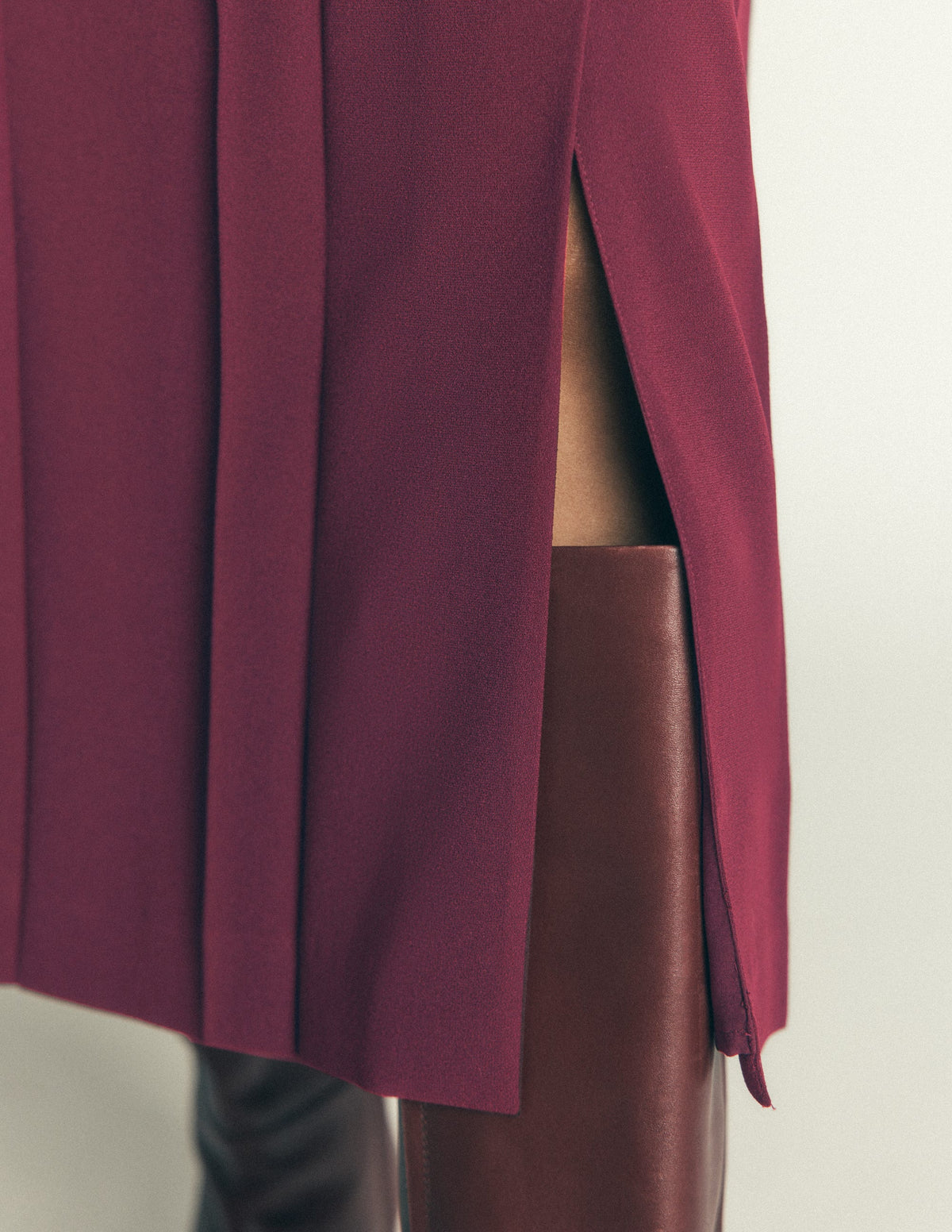 Pleat Side Split Midi Skirt-Dark Cherry-2