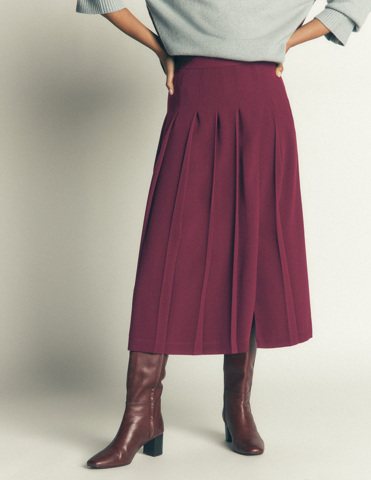Pleat Side Split Midi Skirt-Dark Cherry - Image 4