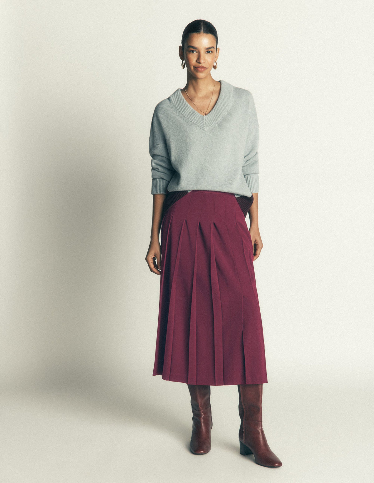 Pleat Side Split Midi Skirt-Dark Cherry - Image 5