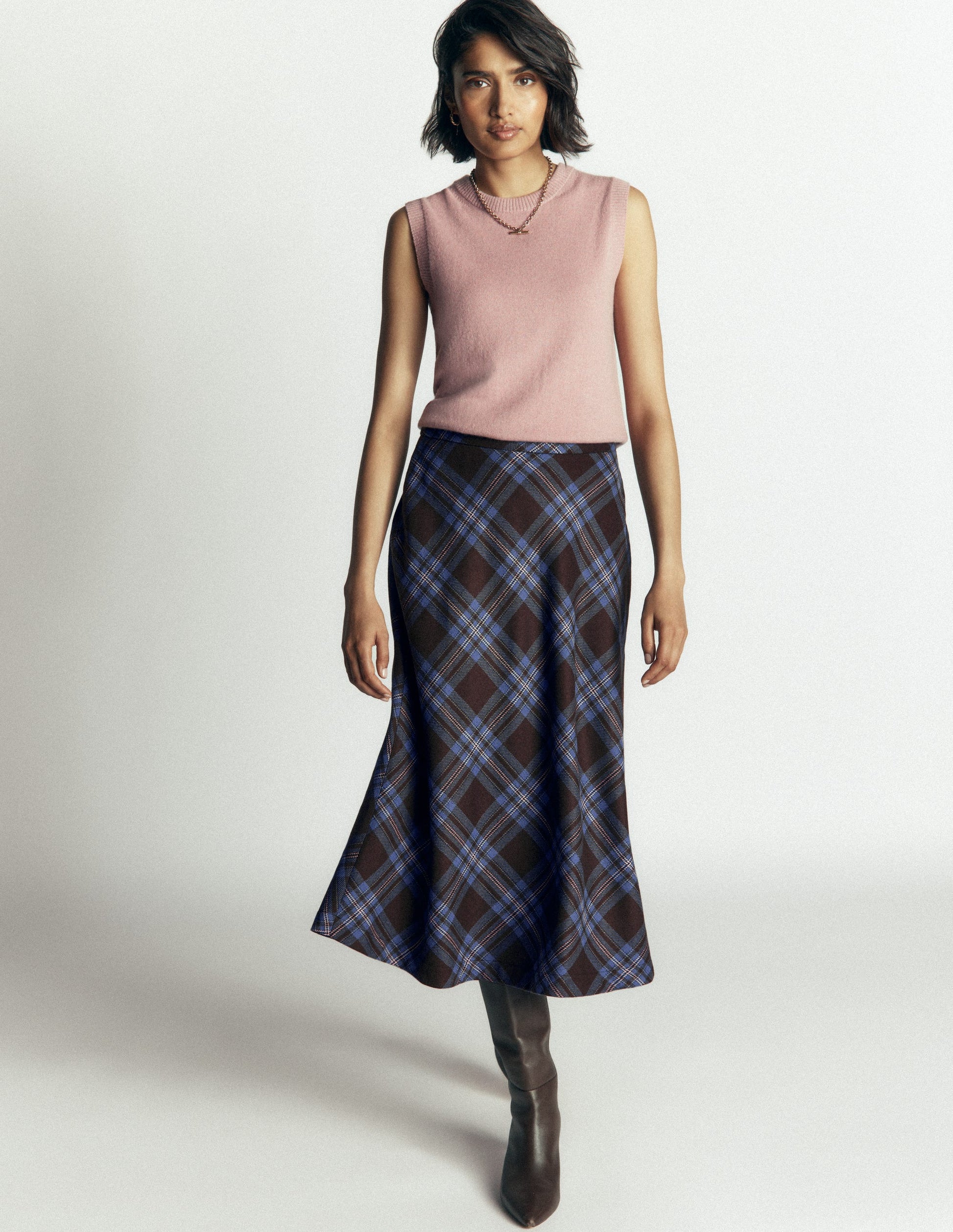 Wool Blend Slip Skirt-Brown Check-1