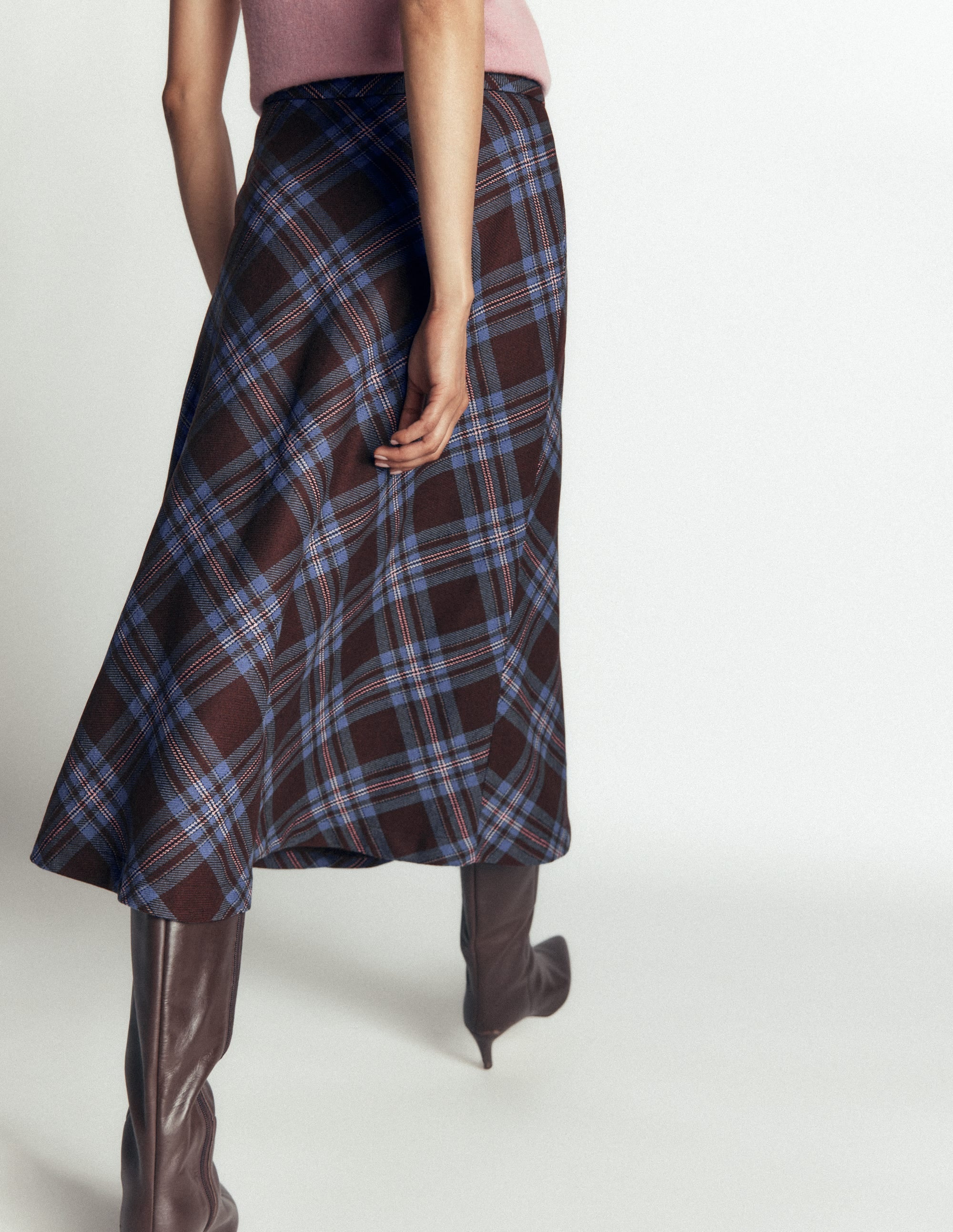 Wool Blend Slip Skirt-Brown Check - Image 3