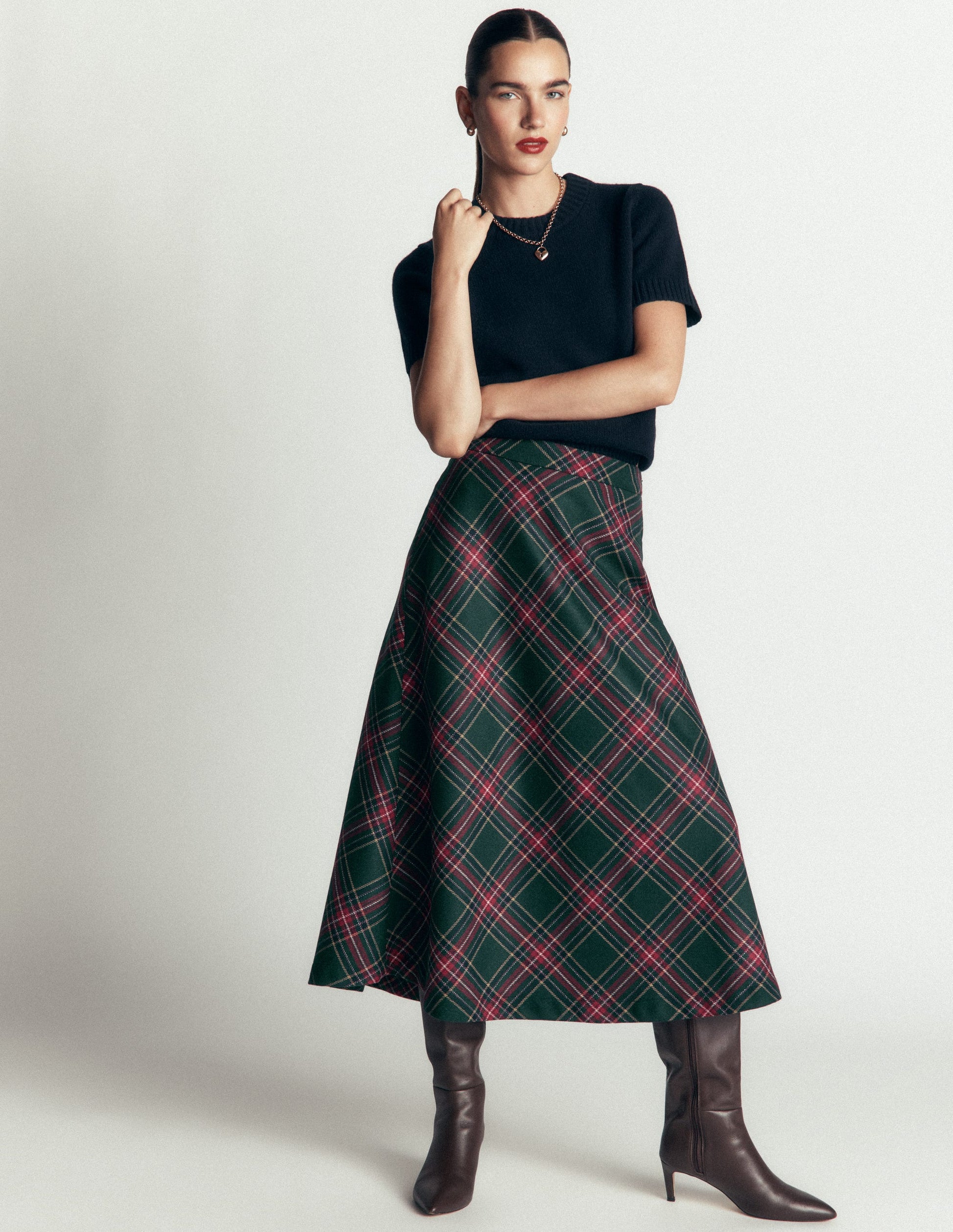 Wool Blend Slip Skirt-Green Check-1