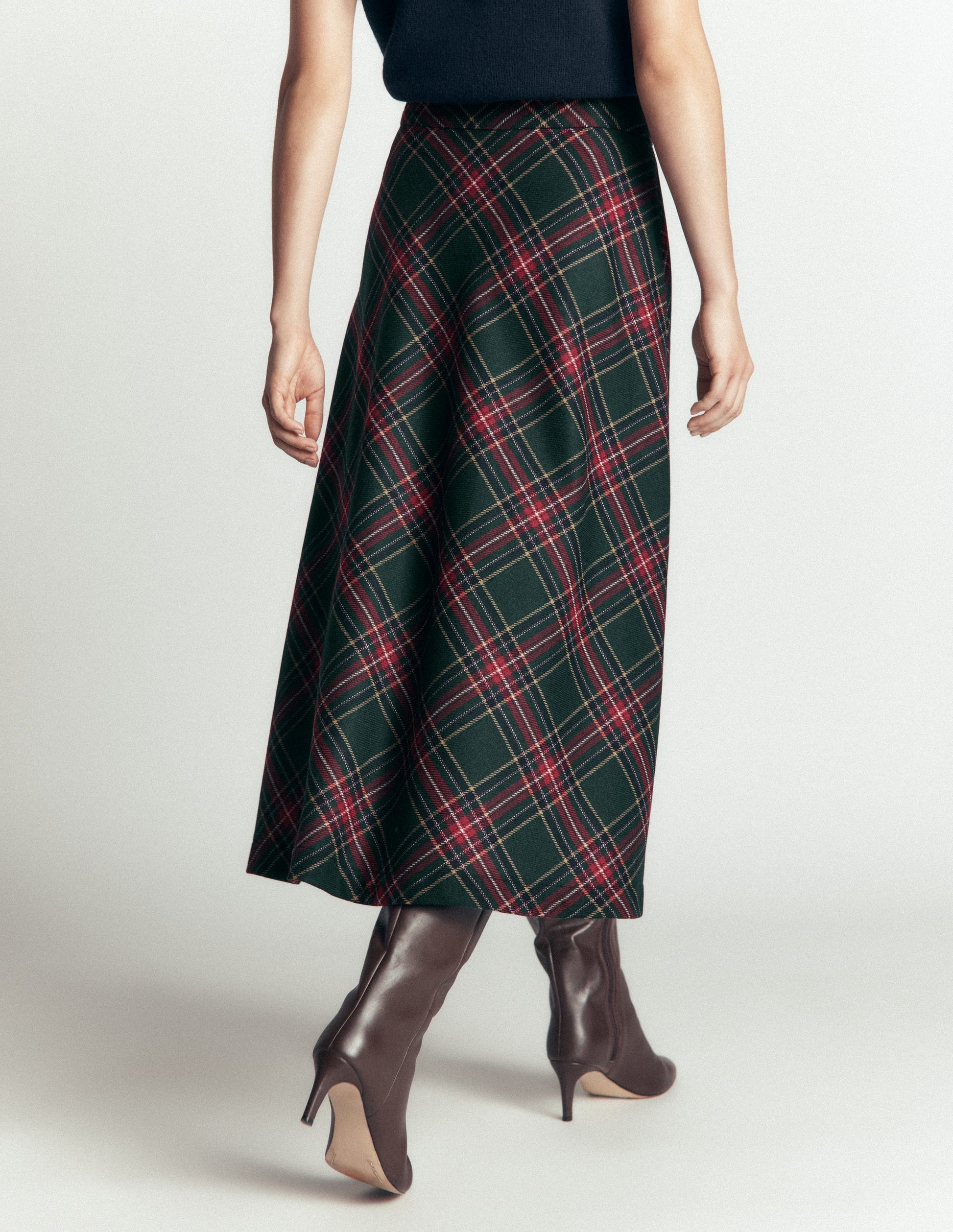 Wool Blend Slip Skirt-Green Check-3