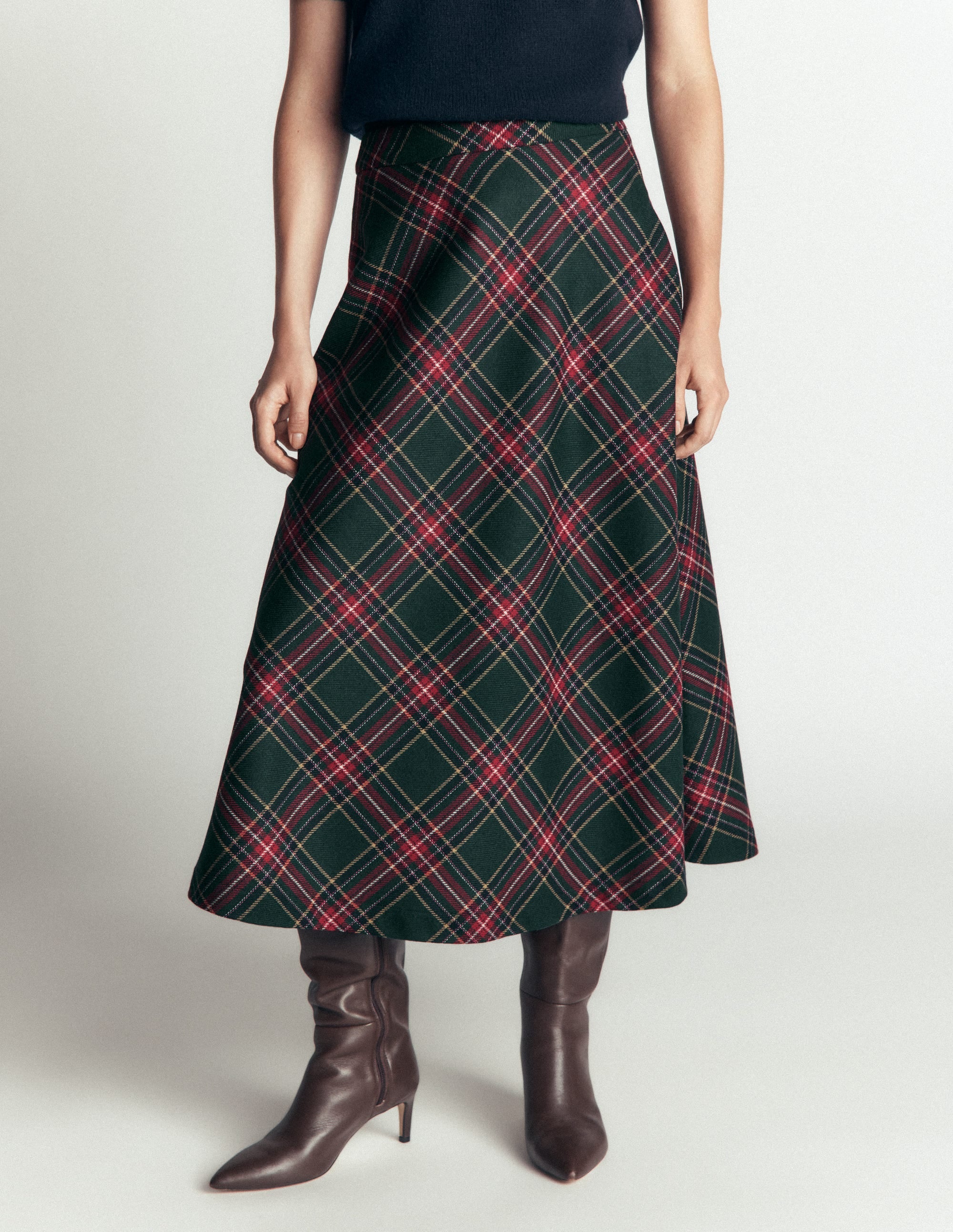 Wool Blend Slip Skirt-Green Check - Image 4