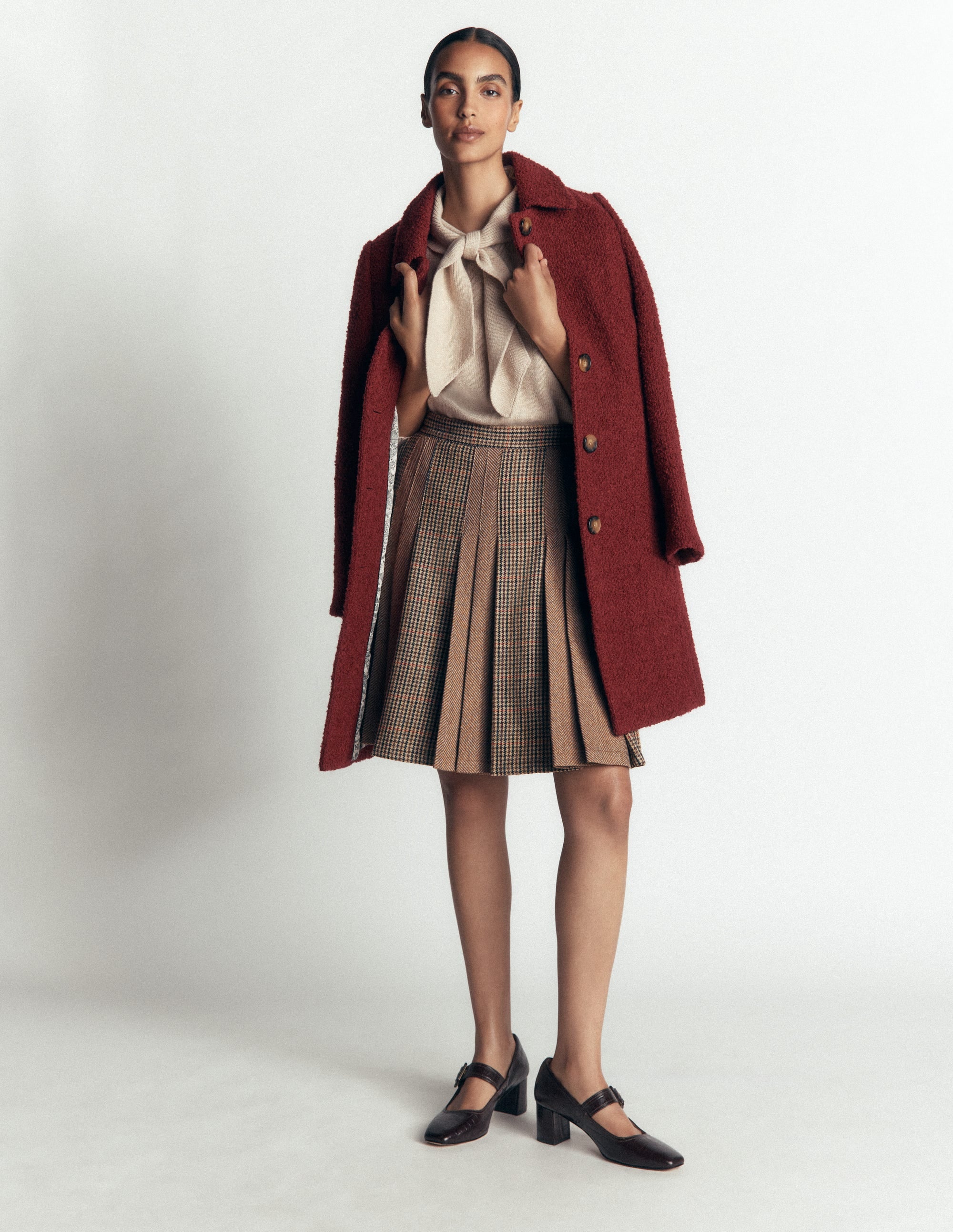Multi Panel Wool Blend Skirt-Brown Hotch Check - Image 2