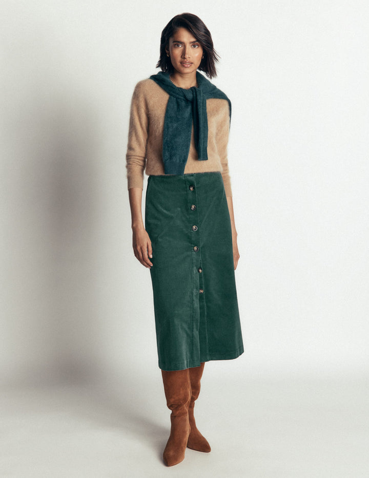Val Button Cord Midi Skirt-Midnight Teal