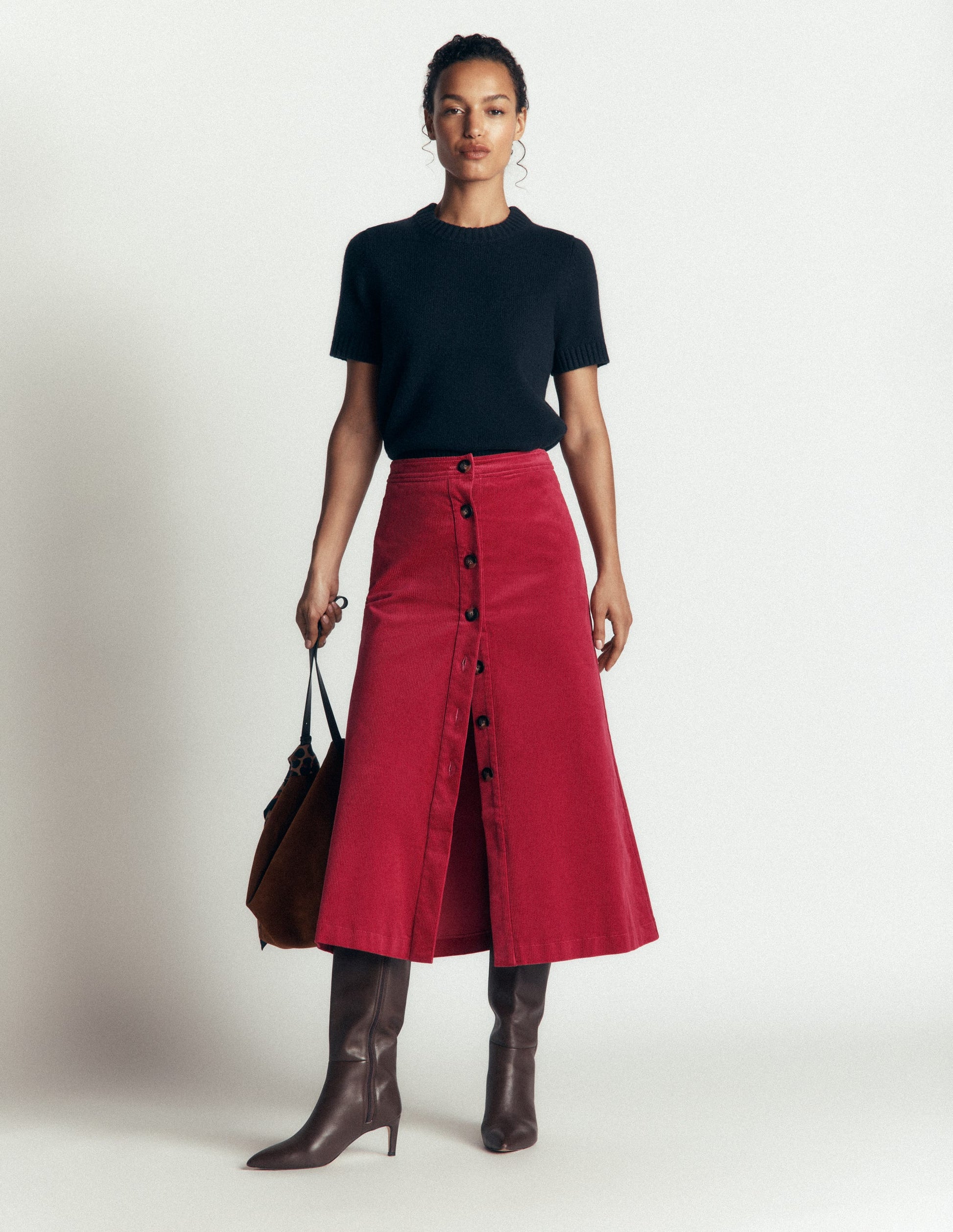 Val Button Cord Midi Skirt-Red Earth-1
