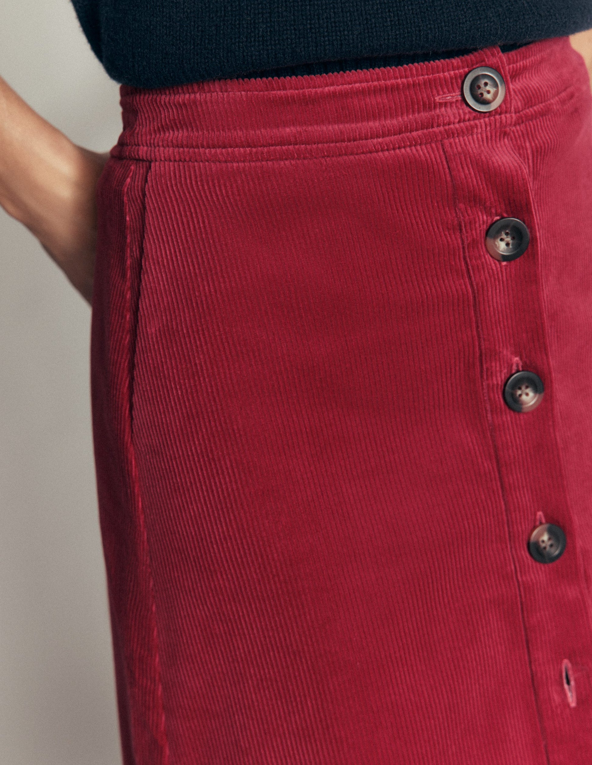 Val Button Cord Midi Skirt-Red Earth-2