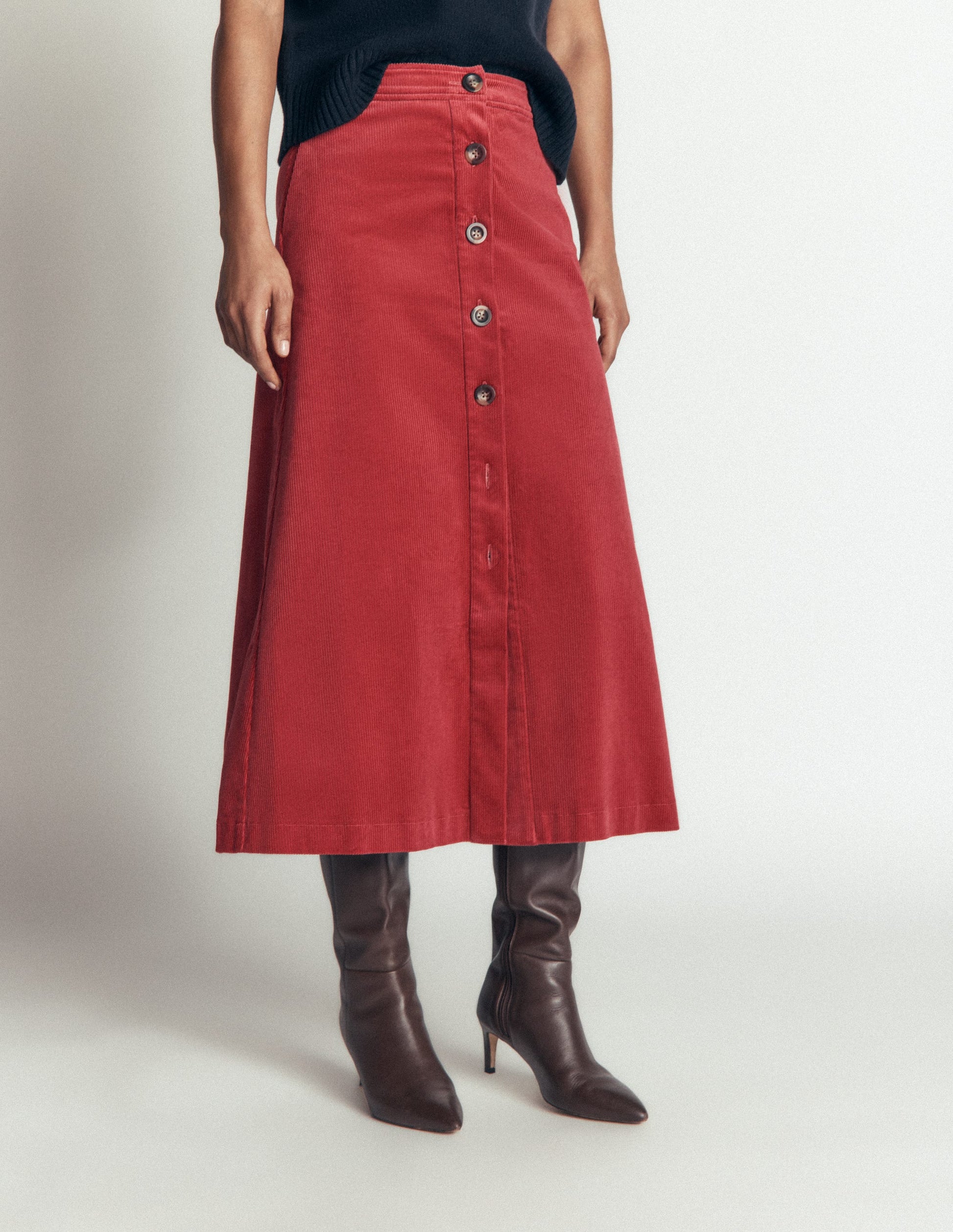 Val Button Cord Midi Skirt-Red Earth-4