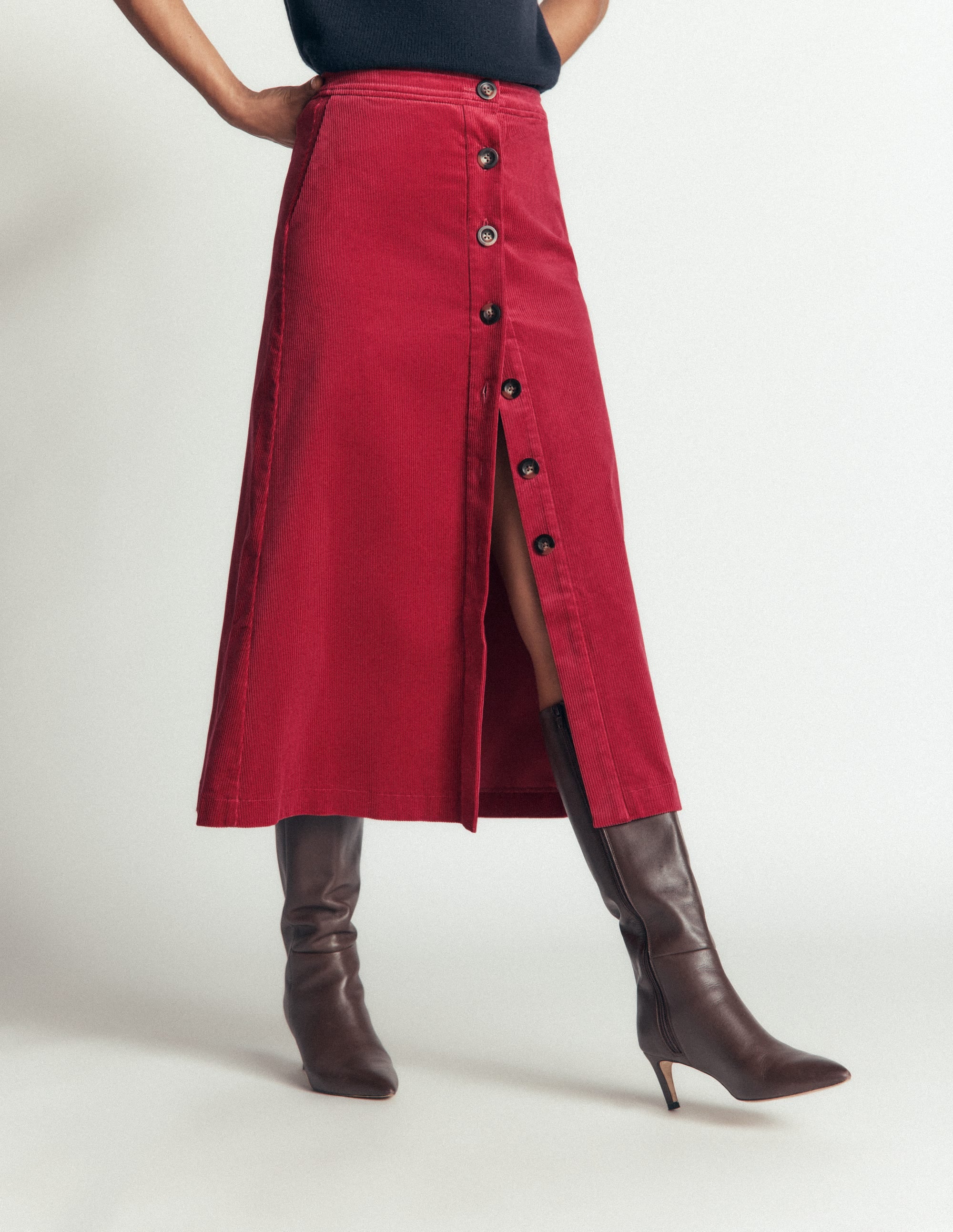 Val Button Cord Midi Skirt-Red Earth - Image 5