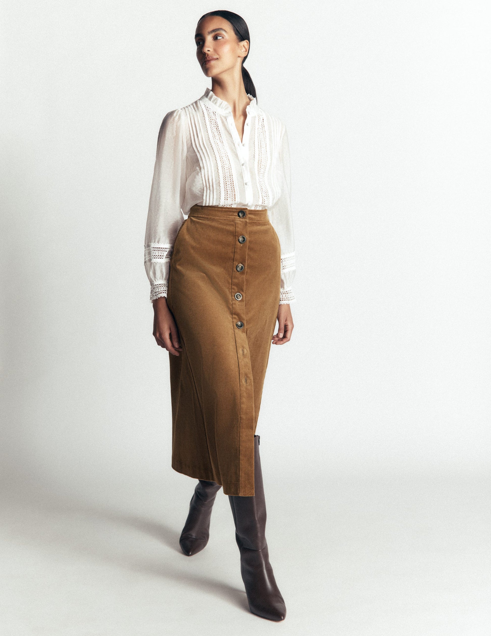 Val Button Cord Midi Skirt-Gingerbread-1
