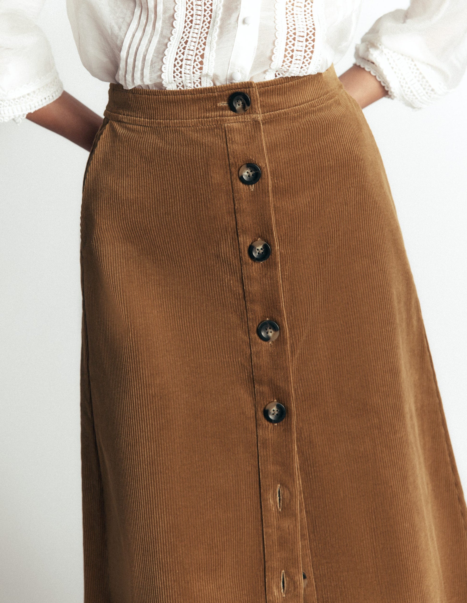 Val Button Cord Midi Skirt-Gingerbread-2