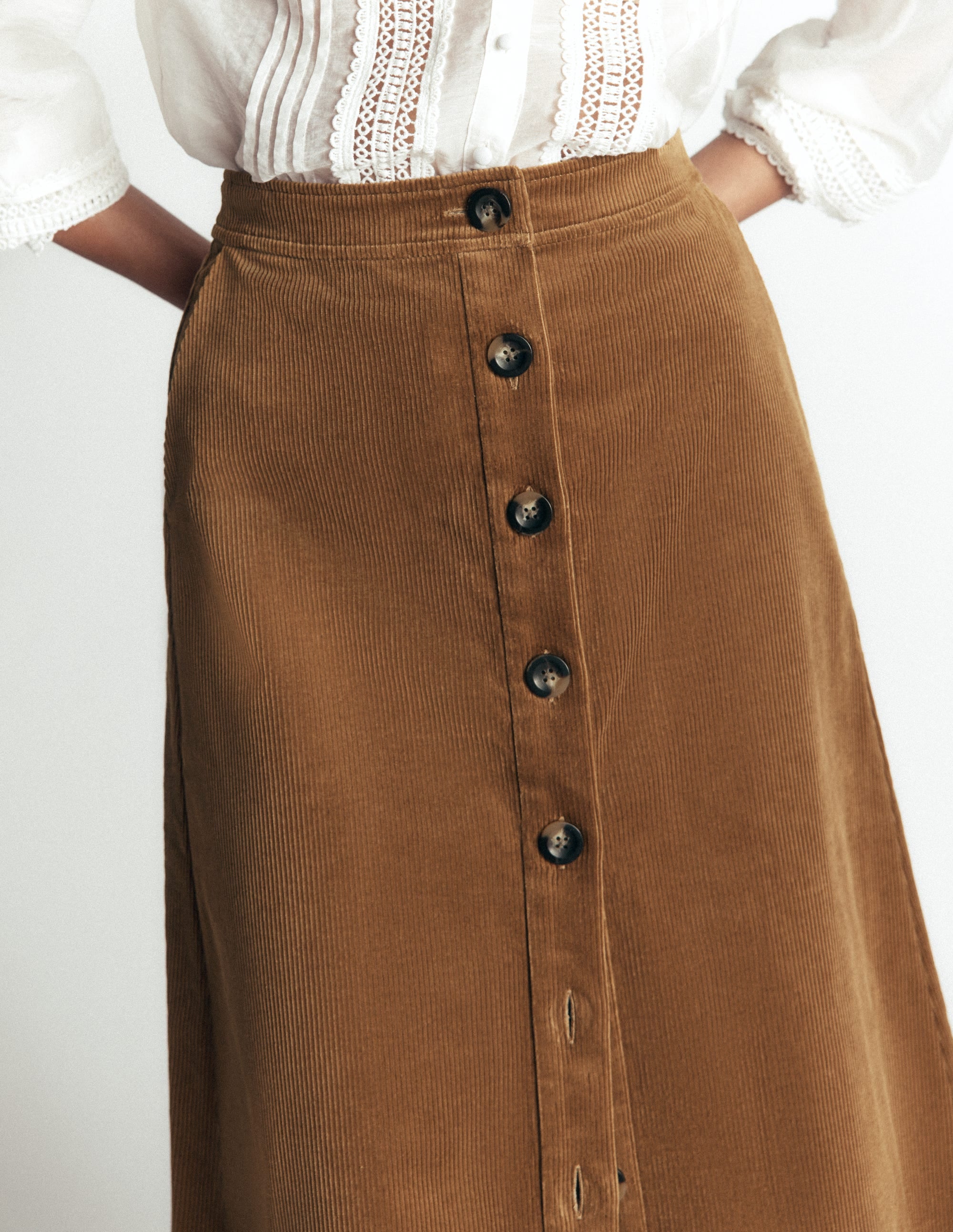 Val Button Cord Midi Skirt-Gingerbread - Image 2