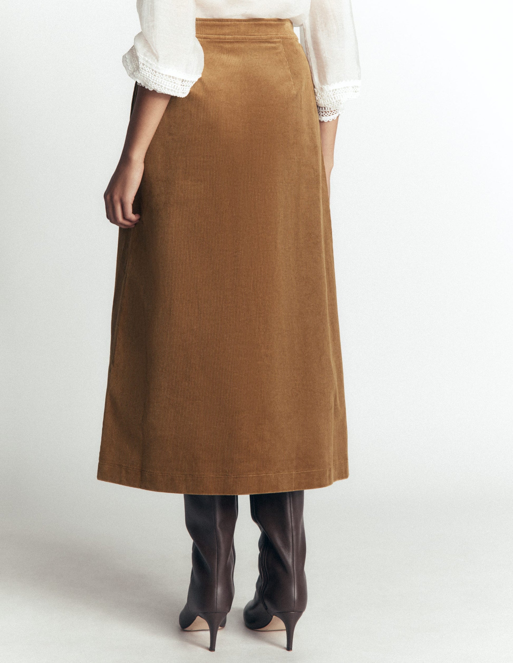 Val Button Cord Midi Skirt-Gingerbread-3