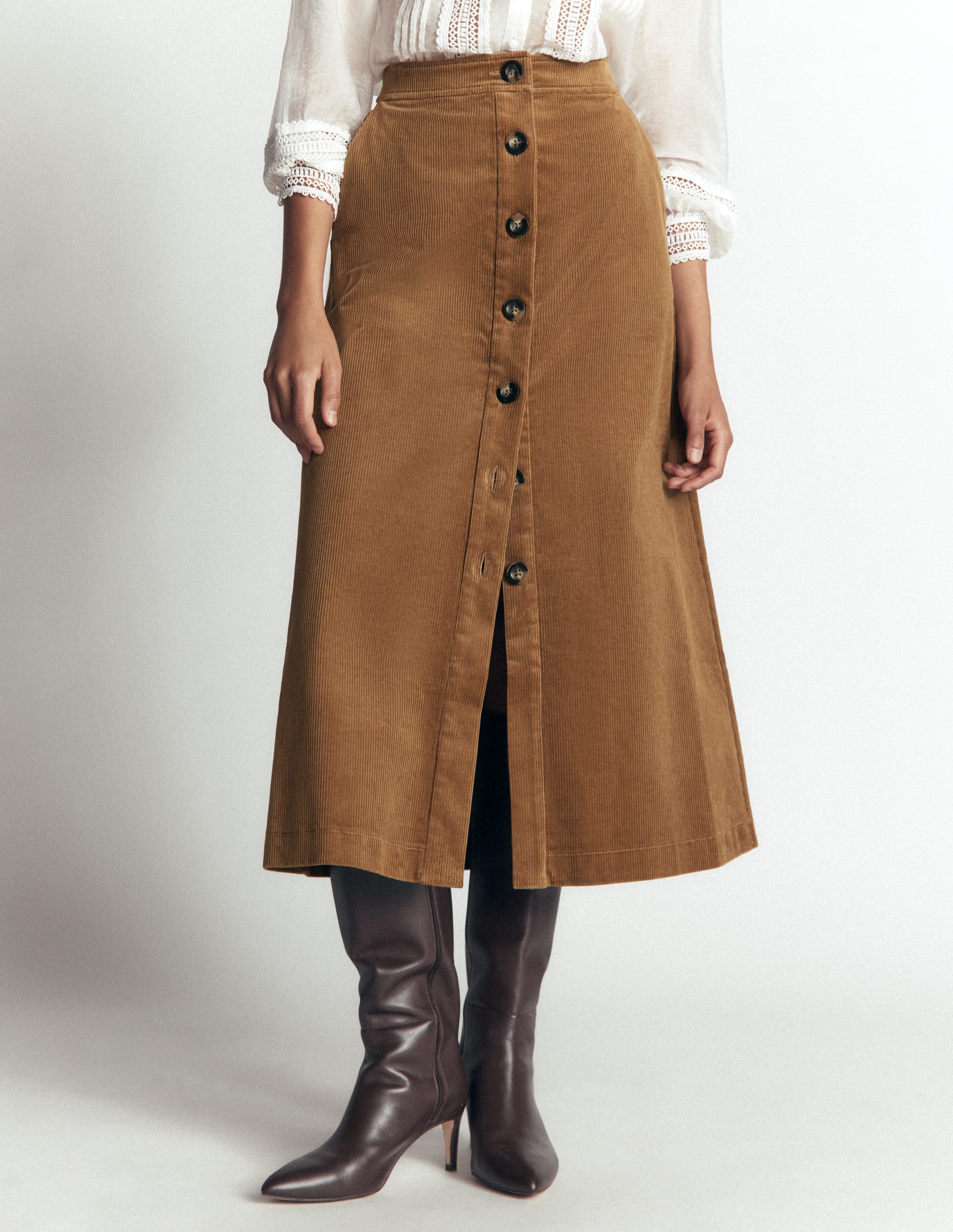 Val Button Cord Midi Skirt-Gingerbread - Image 4