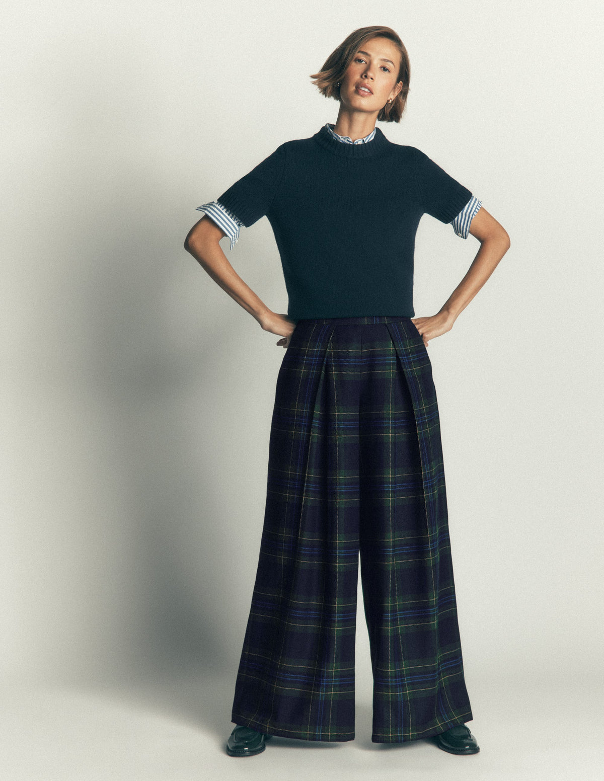 Wool Blend Pleated Culottes-Blackwatch-2