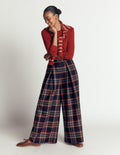 Wool Blend Pleated Culottes-Navy, Camel Check
