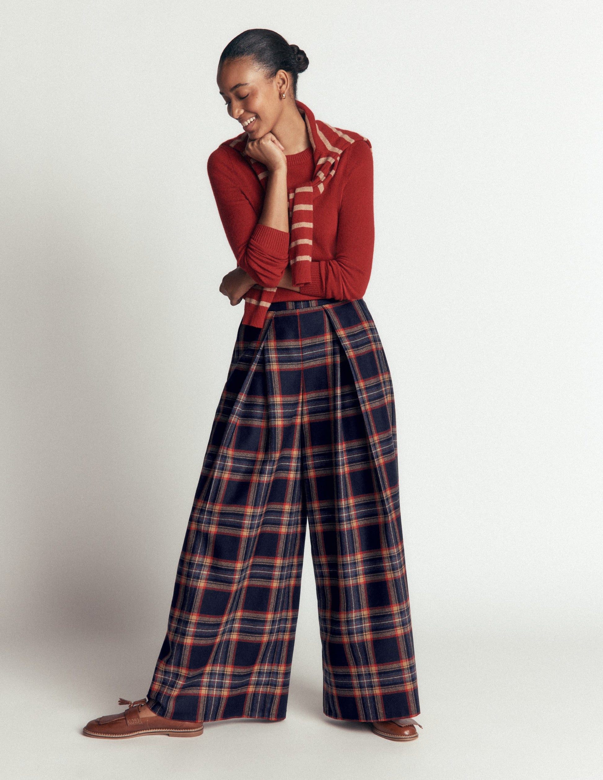 Wool Blend Pleated Culottes-Navy, Camel Check-1
