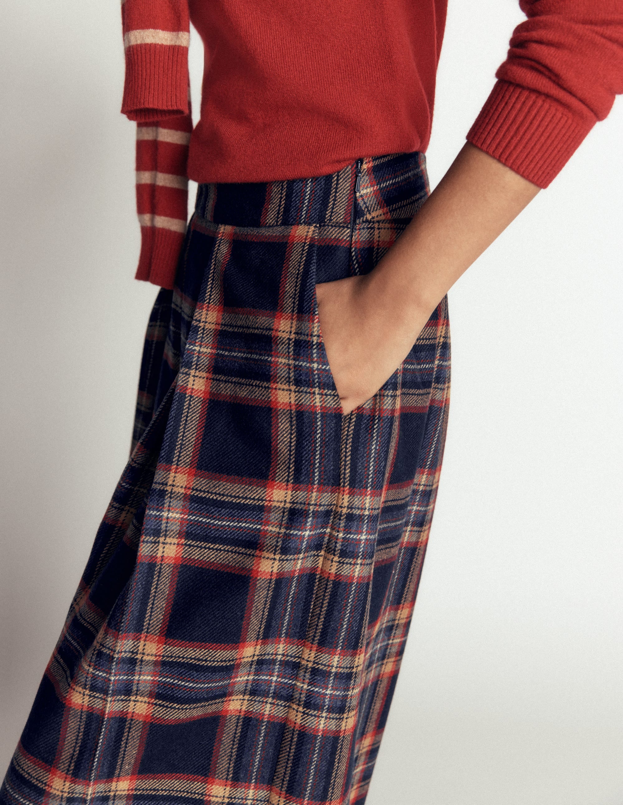 Wool Blend Pleated Culottes-Navy, Camel Check - Image 2