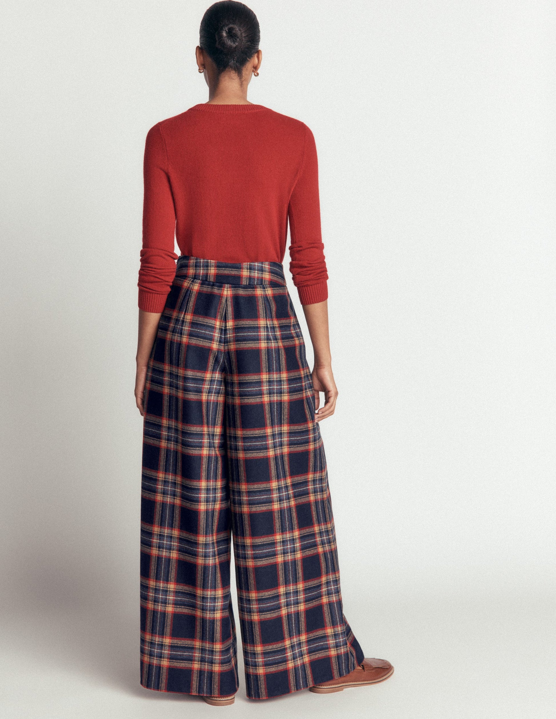 Wool Blend Pleated Culottes-Navy, Camel Check-3