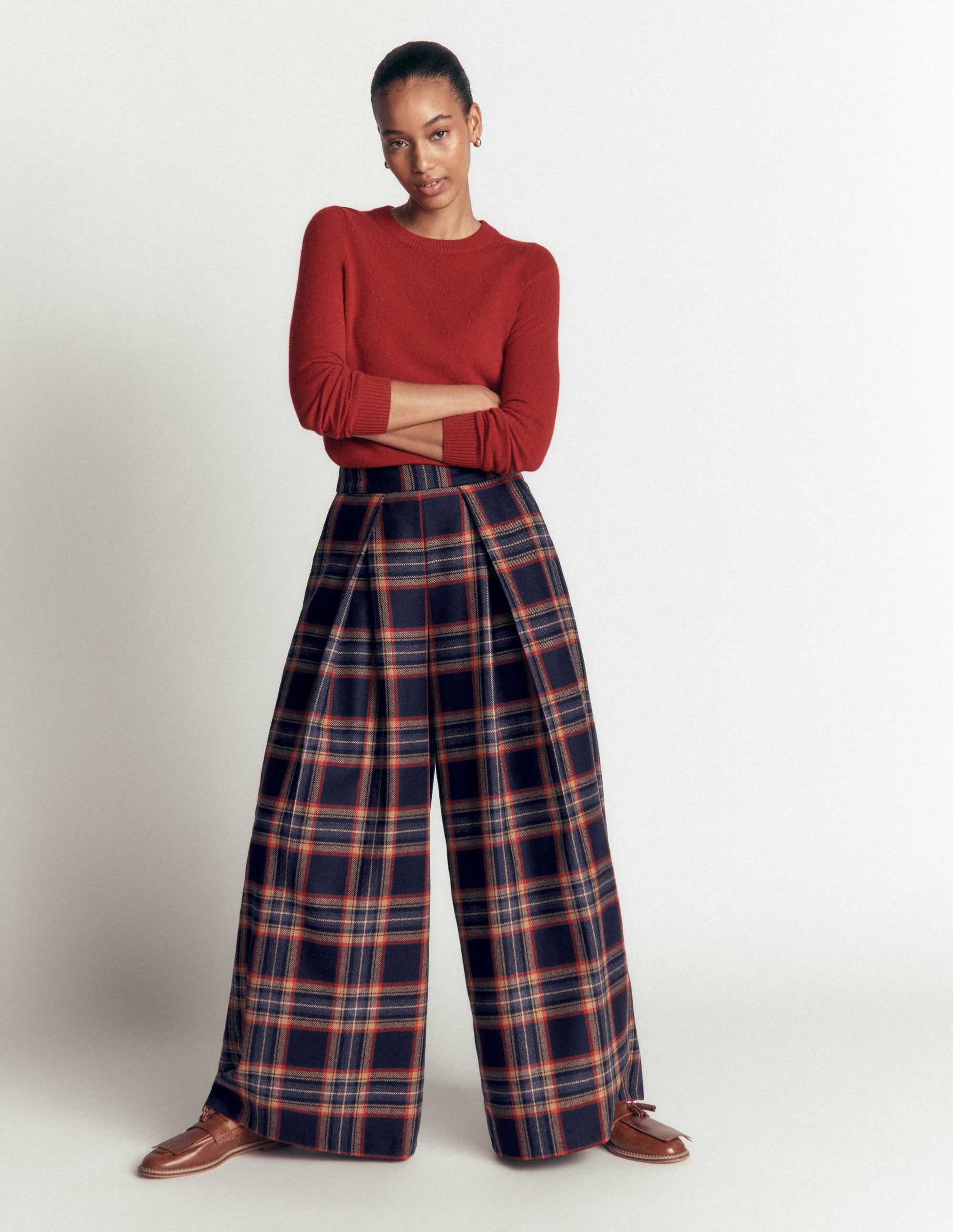 Wool Blend Pleated Culottes-Navy, Camel Check - Image 4