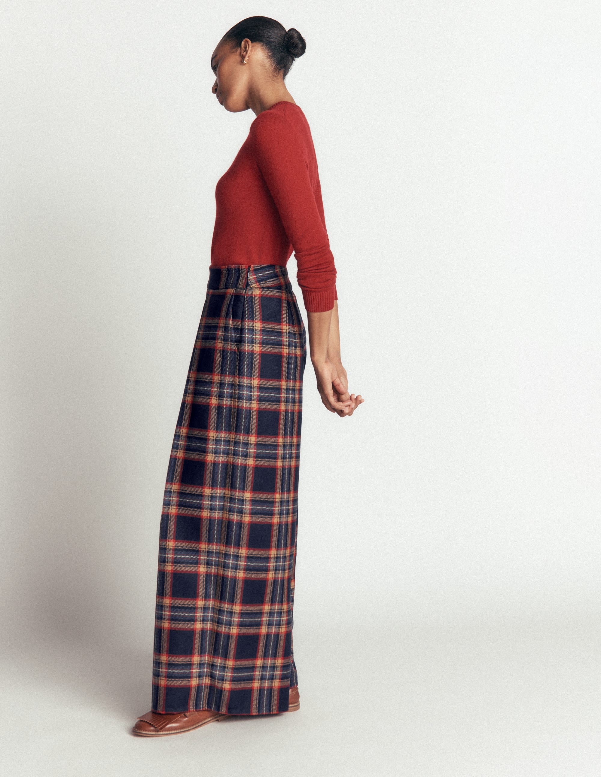 Wool Blend Pleated Culottes-Navy, Camel Check - Image 5