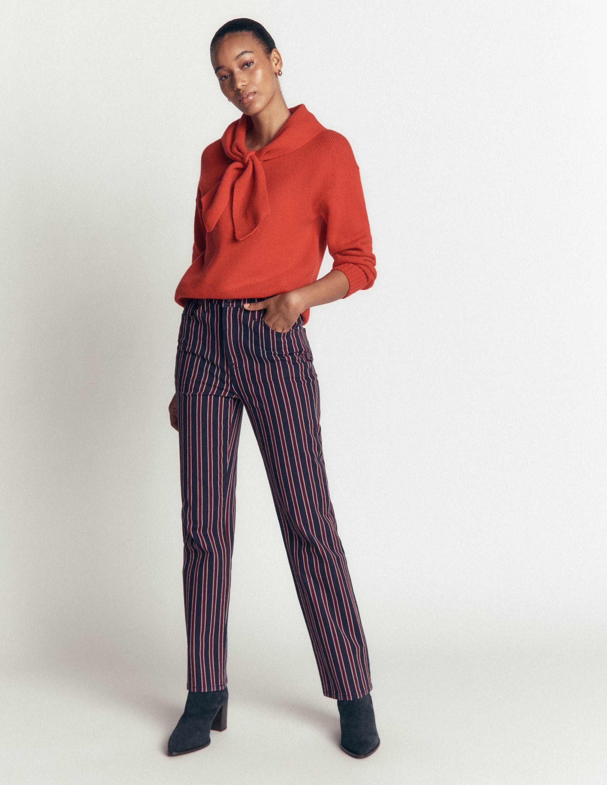 High Rise Straight Jeans-Navy Red Stripe-4