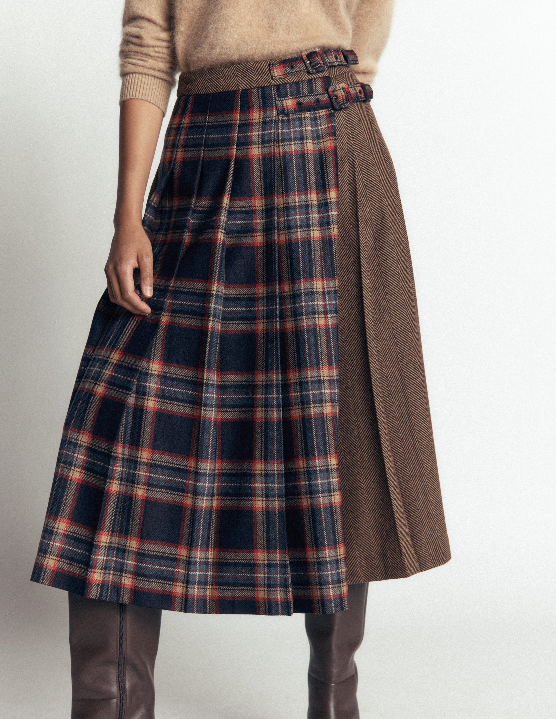 Pleated Midi Kilt-Navy And Camel Check-3