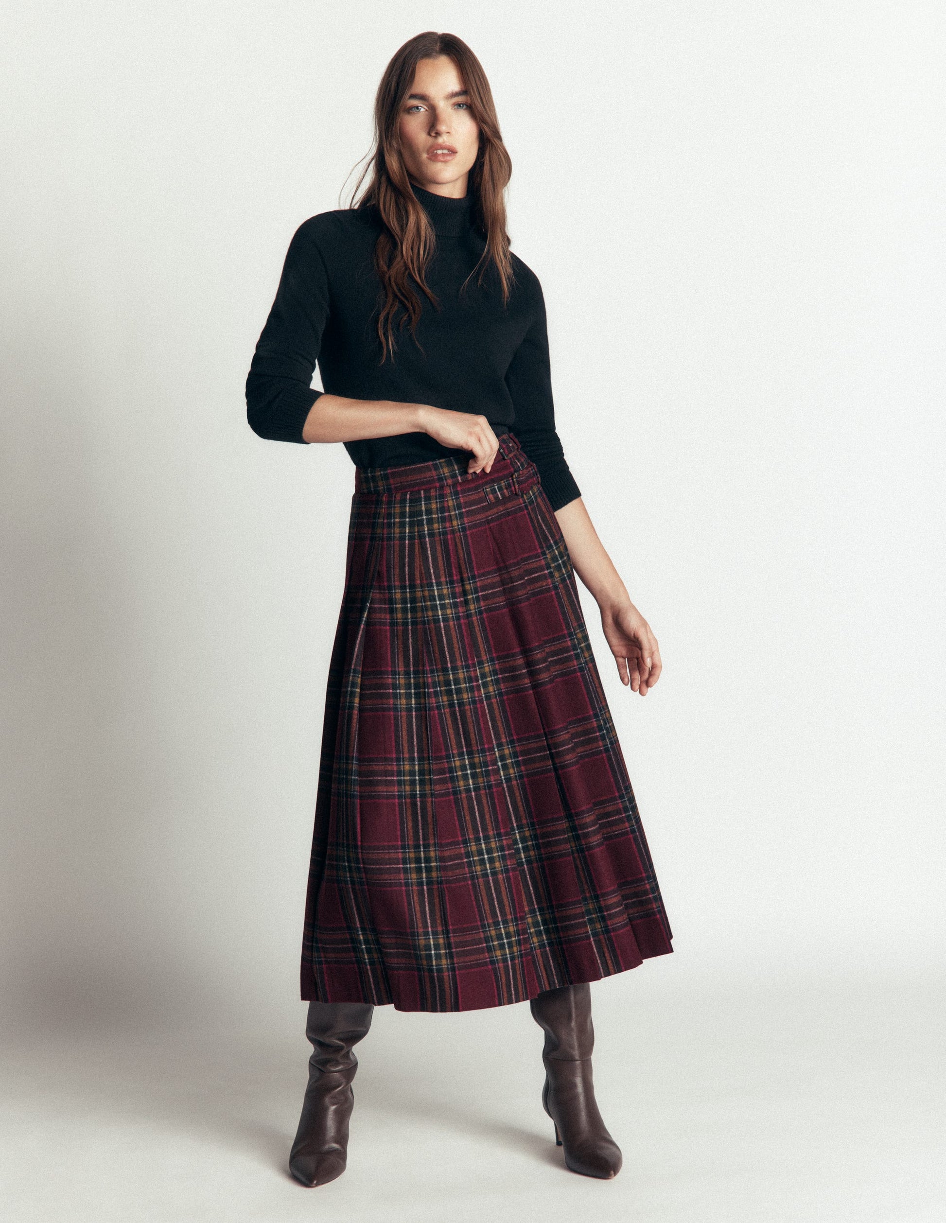 Pleated Midi Kilt-Maroon And Olive Check-1